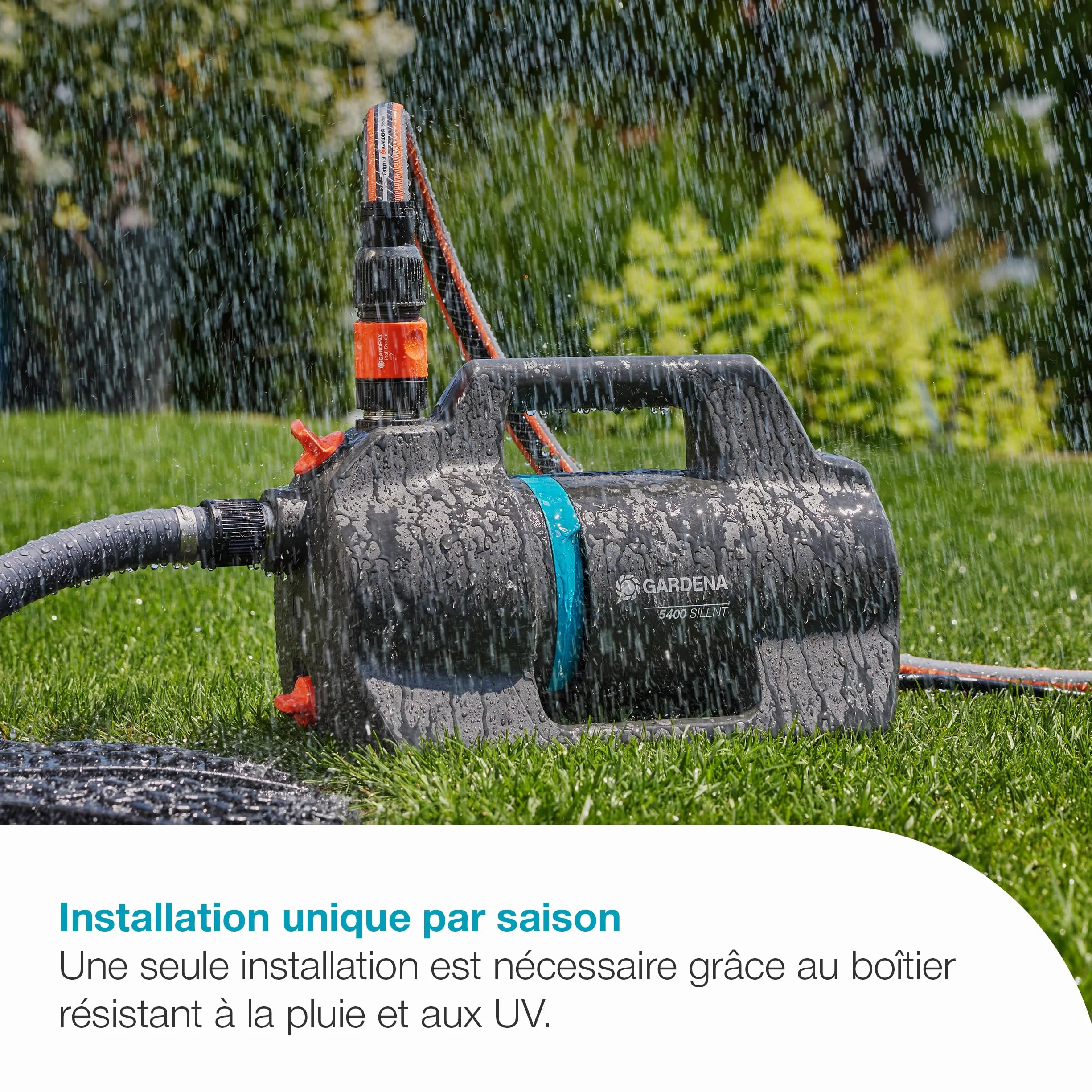 Gardena Pompe de jardin 5400 Silent Pompes: 26% de débit en plus pour la même consommation d'énergie que son prédécesseur*, Fonctionnement silencieux, Boîtier résistant à la pluie et aux UV (9086-20)