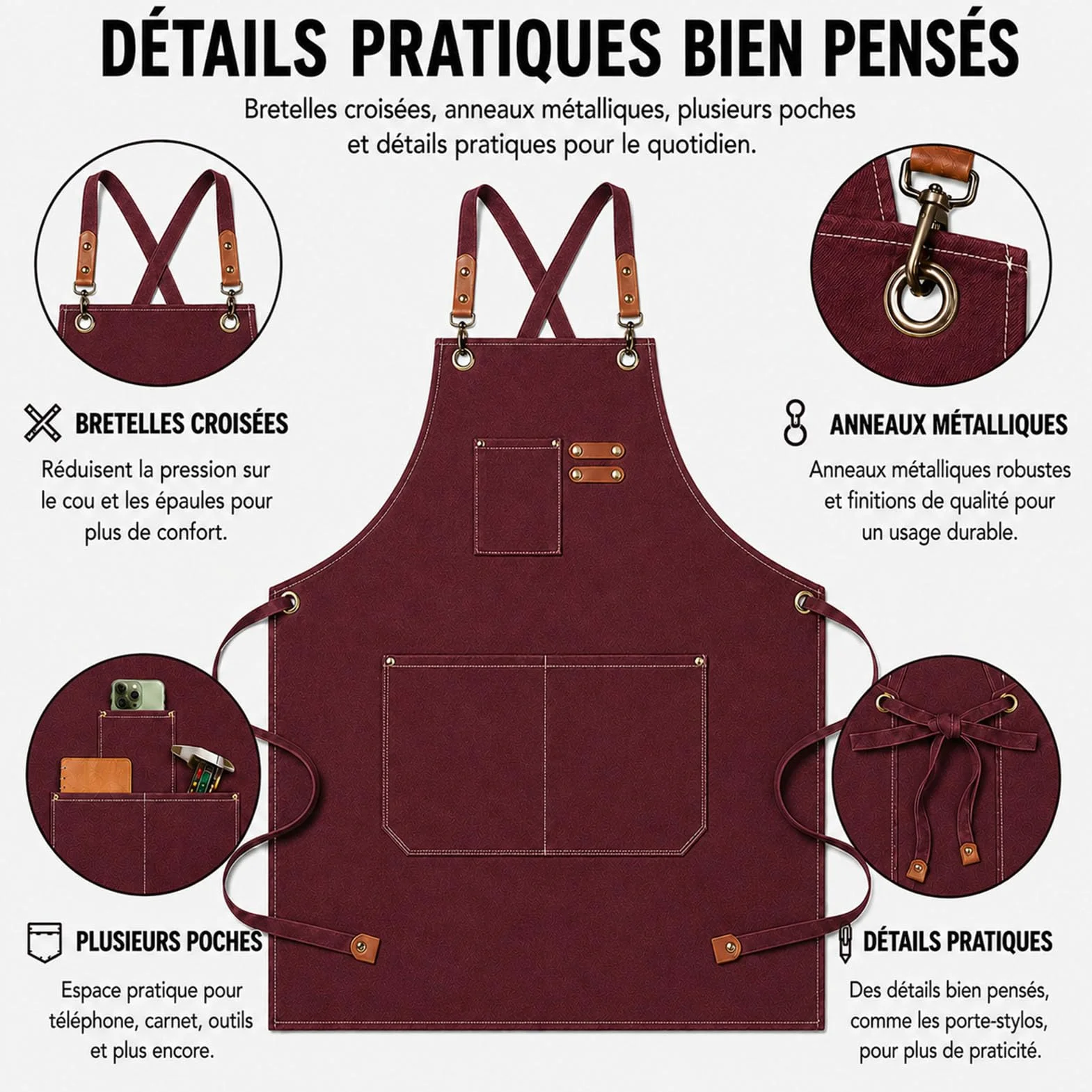 Tabliers de Cuisine 68x76cm Réglable avec 3 Poches pour Hommes Femmes Barbecue