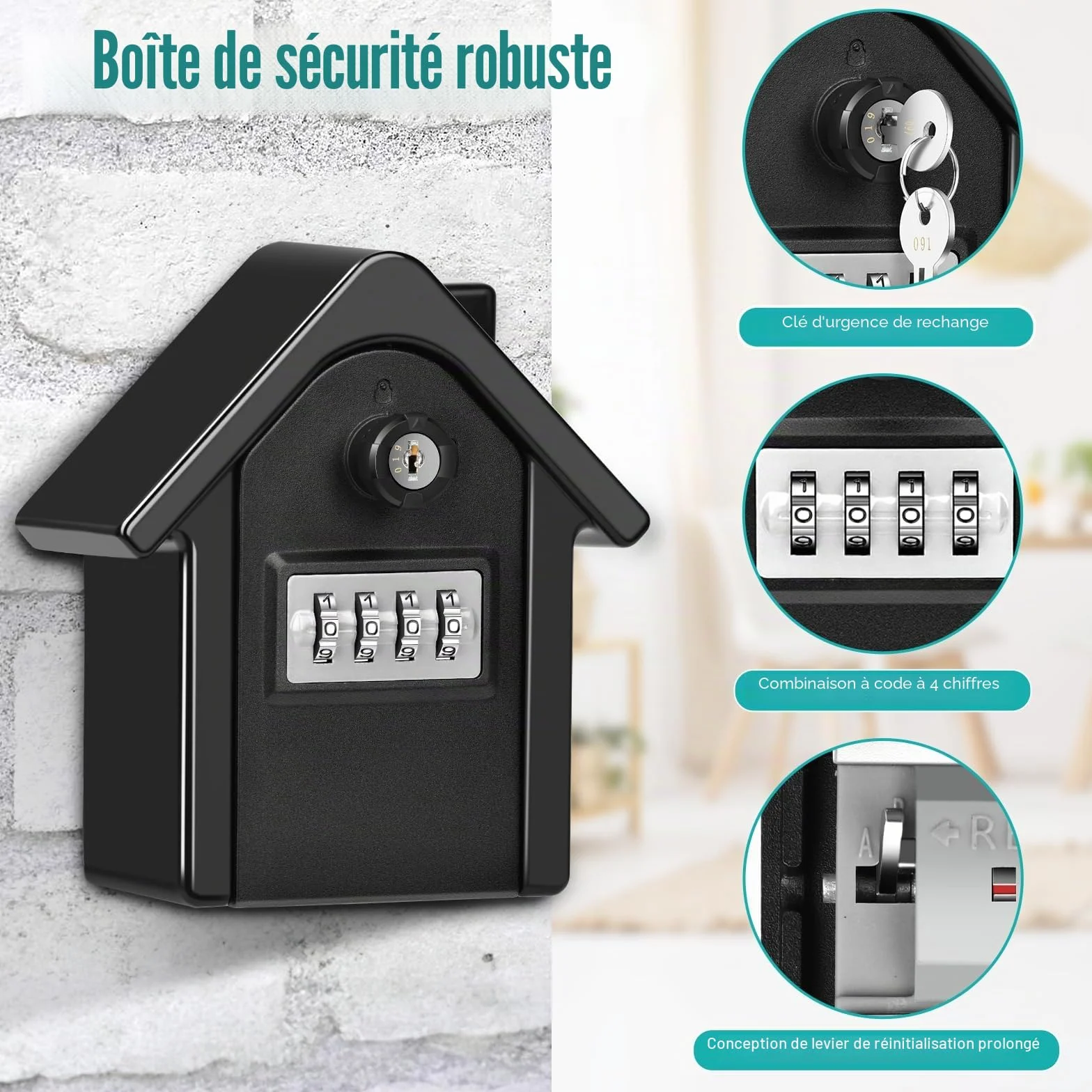 Coffre à Clé Mural Sécurisé Grand Format XL avec Code Numérique & Clés d'Urgence pour Extérieur Noir