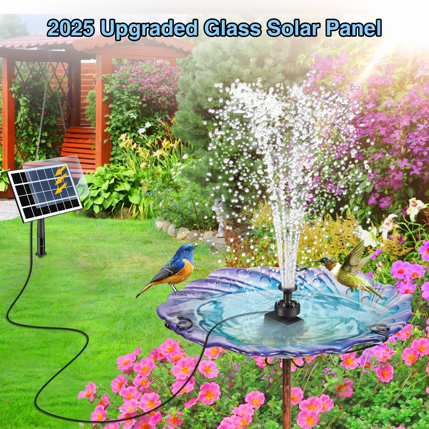 Fontaine Solaire Extérieur 3.5W Pompe Bassin Solaire avec Lumière LED, Batterie 2000mAh, 8 Buses pour Bain d'oiseaux, Jardin