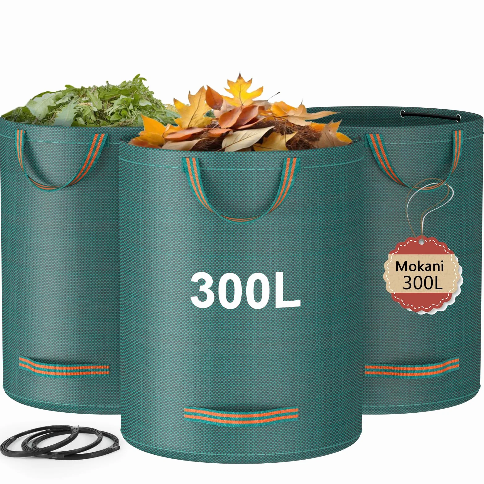 Mokani Lot de 3 sacs à déchets de jardin 300 L réutilisables pliables avec poignées