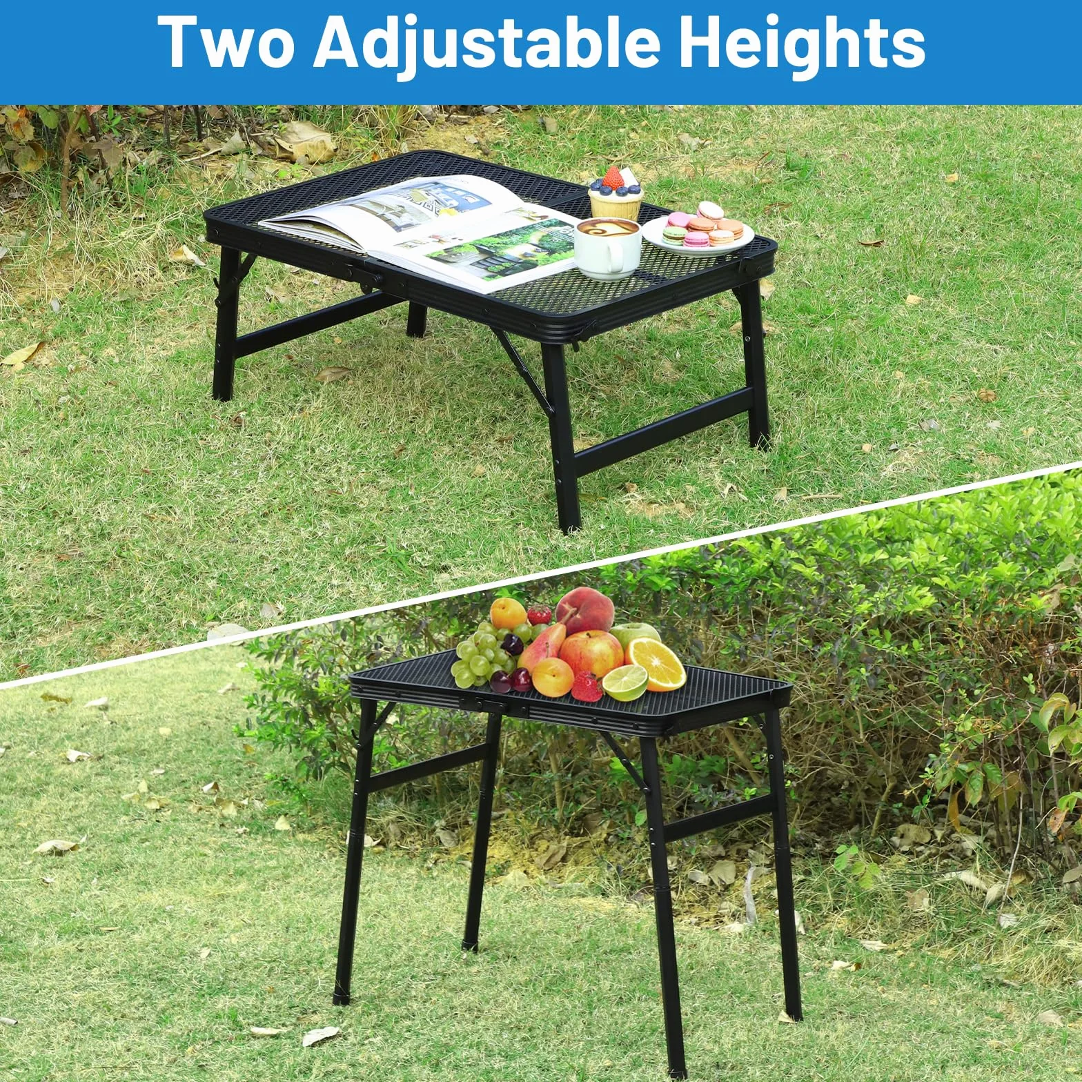 LALAGO Table de Camping Pliante 60x40cm Réglable en Hauteur 27/56cm Alu Noir