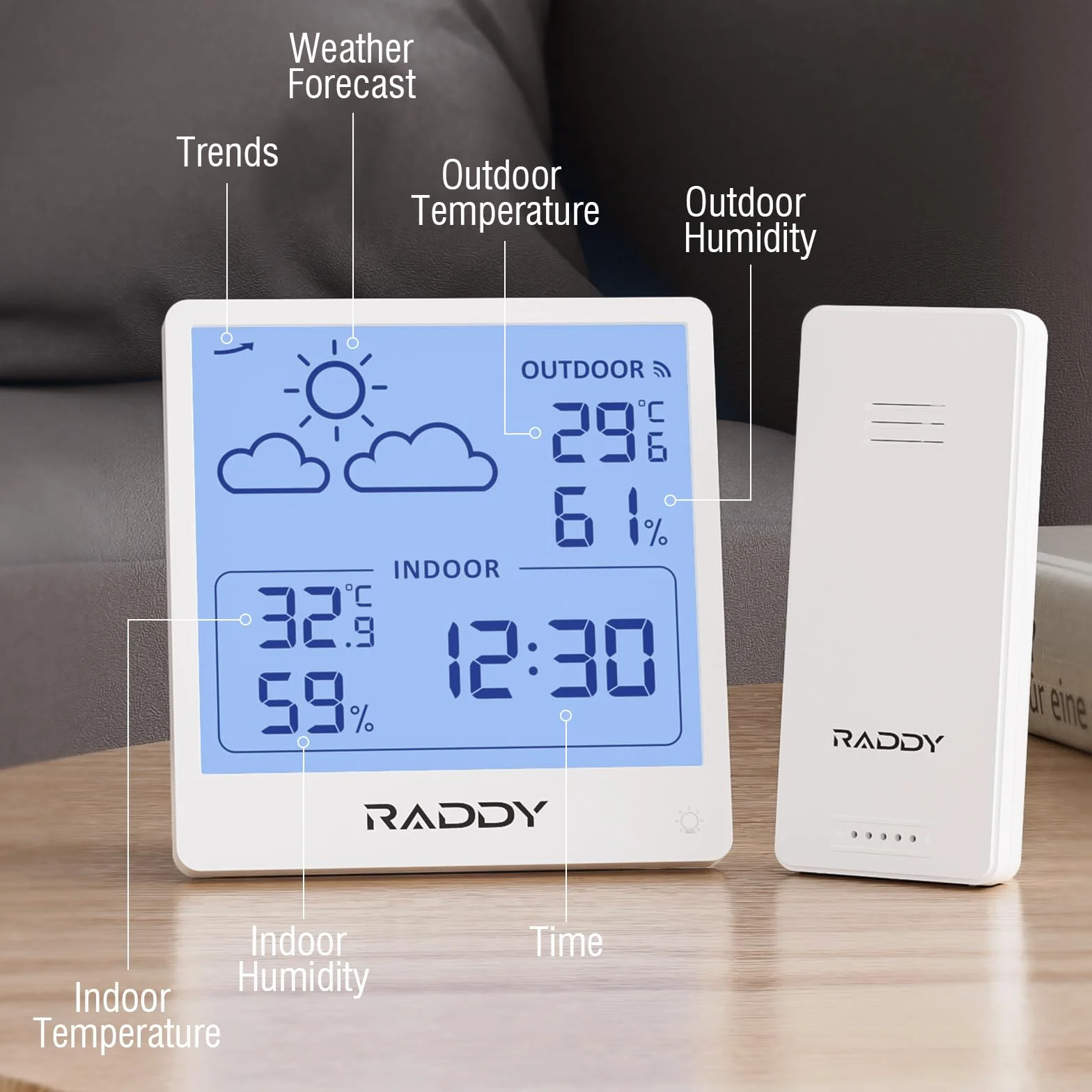 Raddy WF-50 Station météo sans fil thermomètre hygromètre intérieur extérieur 5" TN écran prévisions météo capteur à distance barométrique Blanc