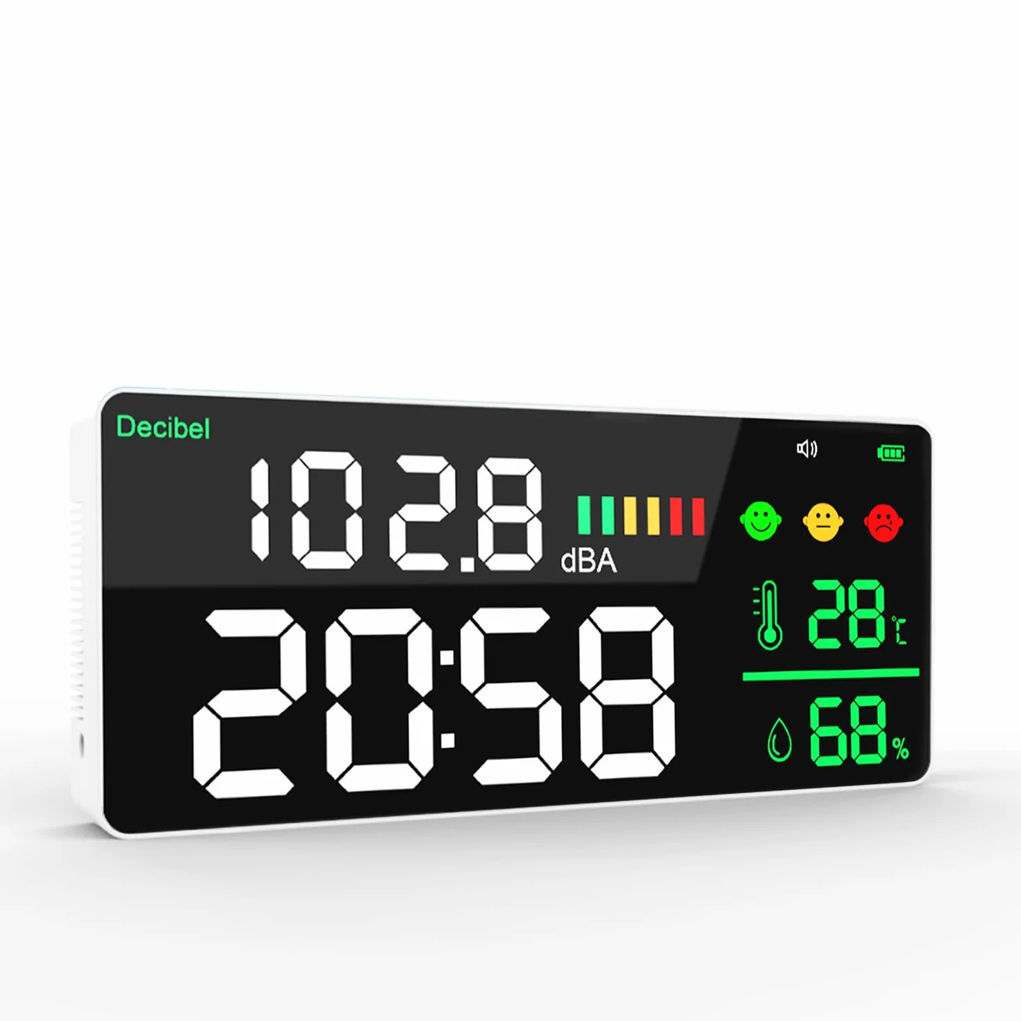 Decibelmetre, Sonomètres Tenture Murale Sonomètre 30~130dB 11 "LCD Professionnel Sonomètre Décibelmètre avec Décibel/Température(℃)/Humidité pour la maison, école