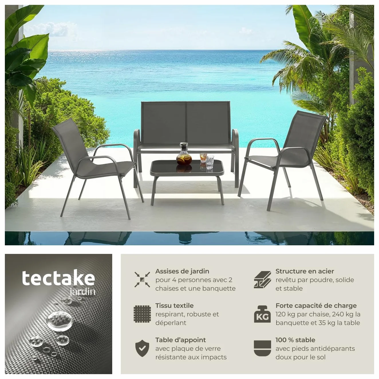 Tectake Salon de Jardin Extérieur 4 Personnes Canapé 2 Places 2 Fauteuil Table de Jardin