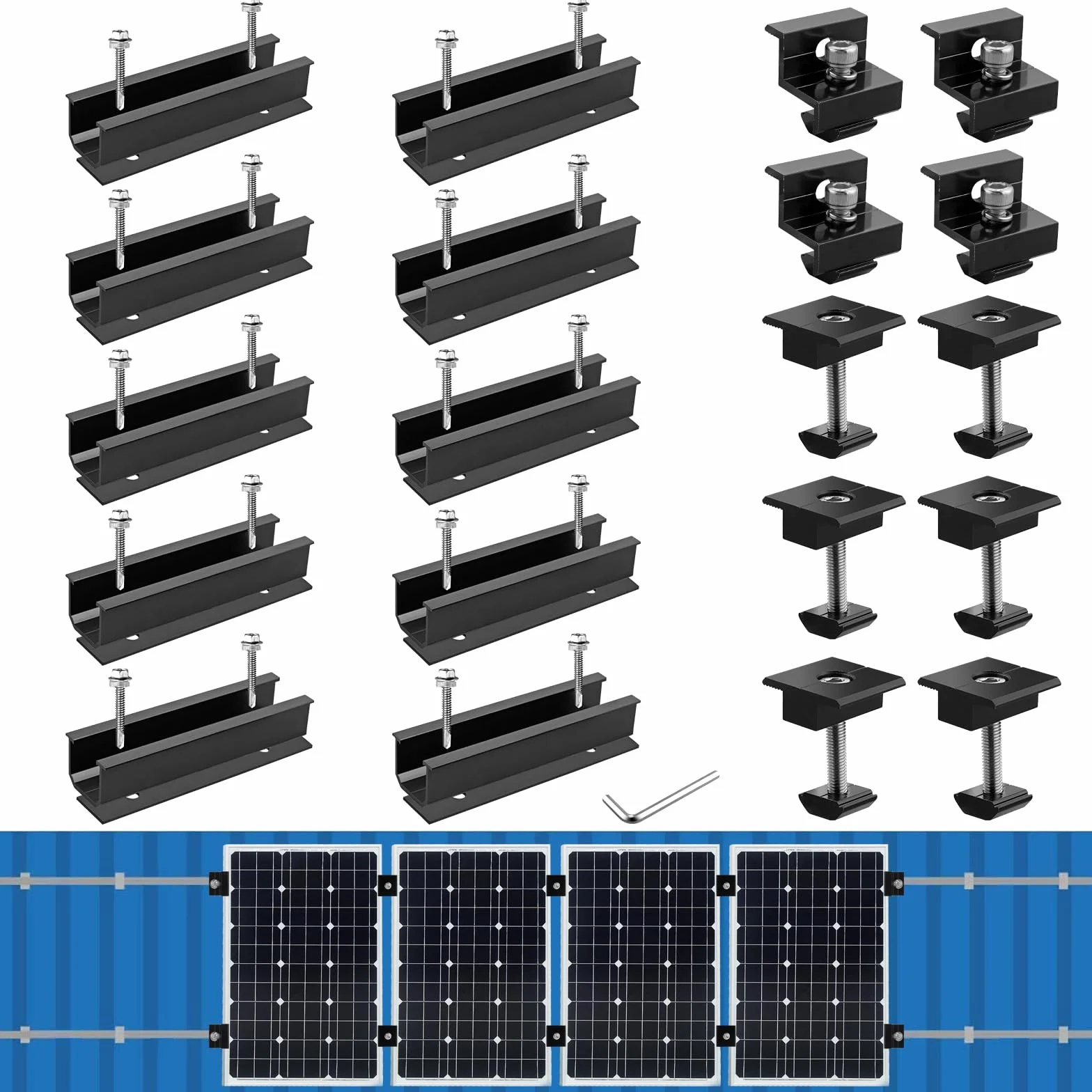 Kit de Fixation pour Panneau Solaire, 10 Rails Courts Aluminium 120mm, 6 Pinces Centrales 30/35mm, 4 Pinces d’Extrémité 30/35mm, 1 Clé de Serrage, Noir