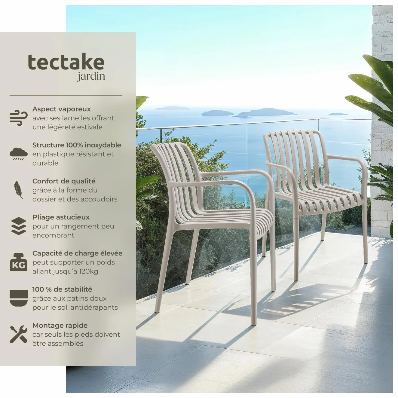 Tectake Lot de 4 Chaise de Jardin Fauteuil Salon extérieur empilable avec Accoudoirs résistant aux intempéries