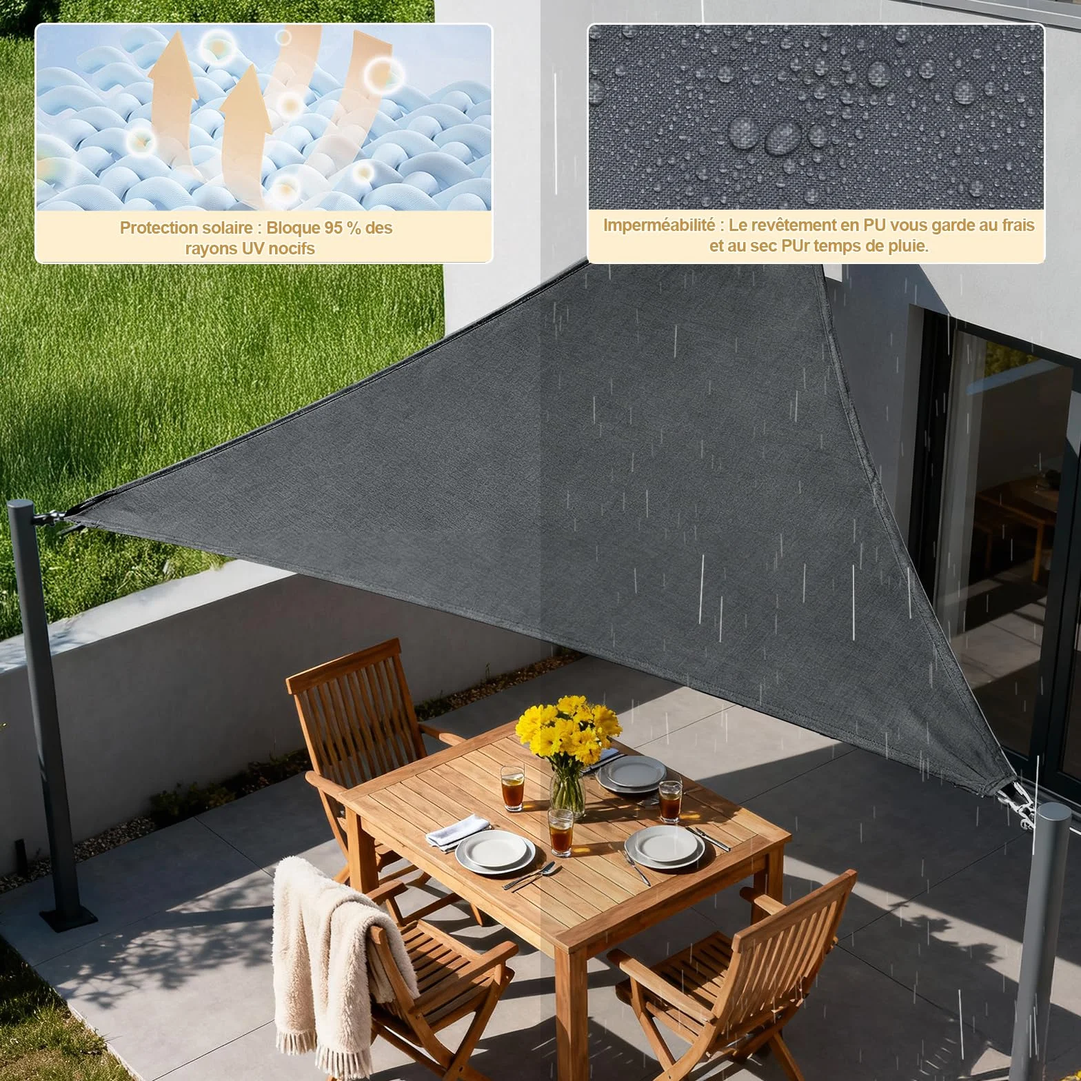 HENG FENG Voile d'ombrage Triangulaire 3x3x3m Toile imperméable Oxford 95% UV Anthracite