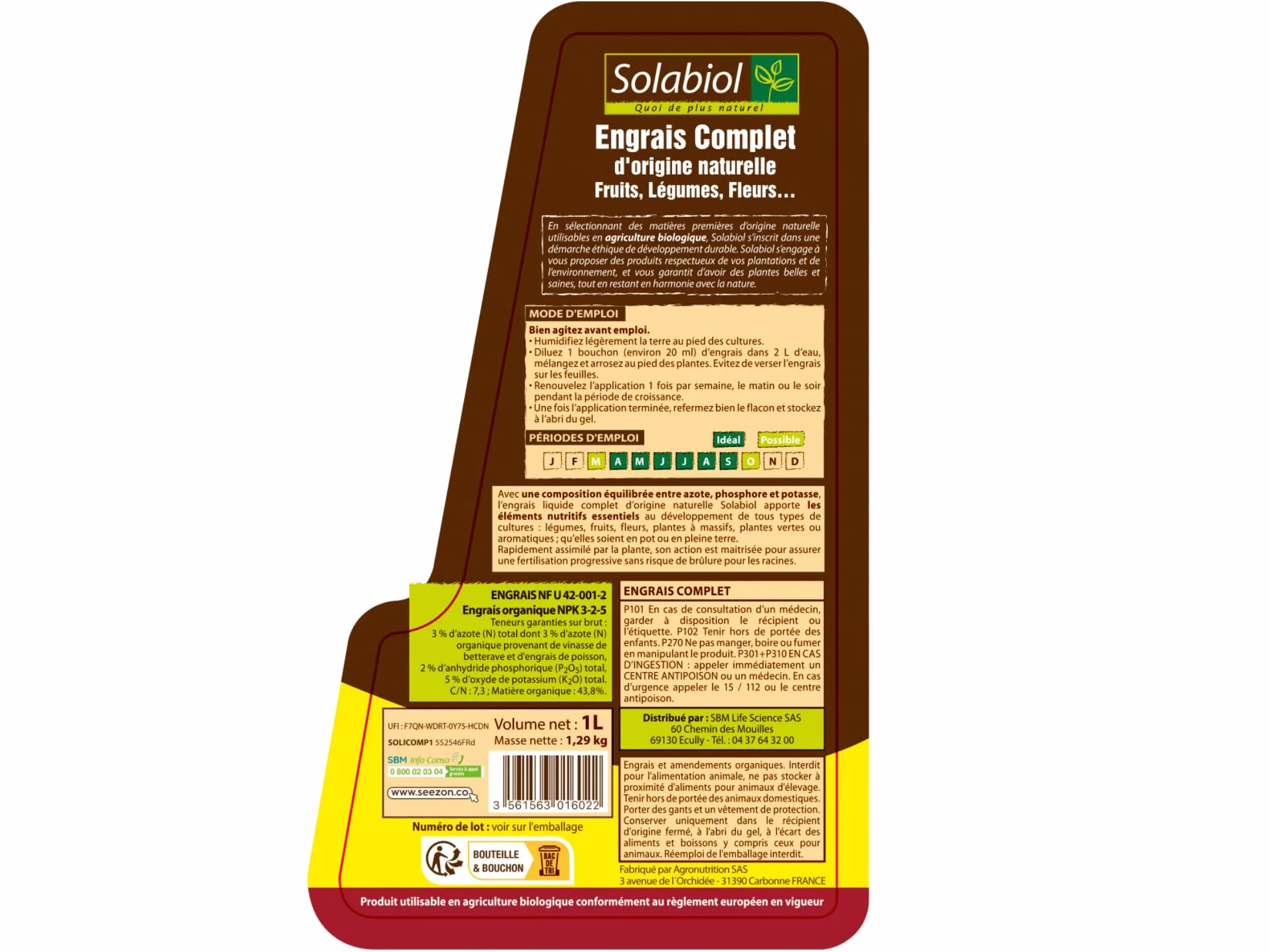 SOLABIOL Engrais Complet Liquide Universel 1L - Jusqu'à 100L Solution - Tous Types Cultures Agriculture Biologique