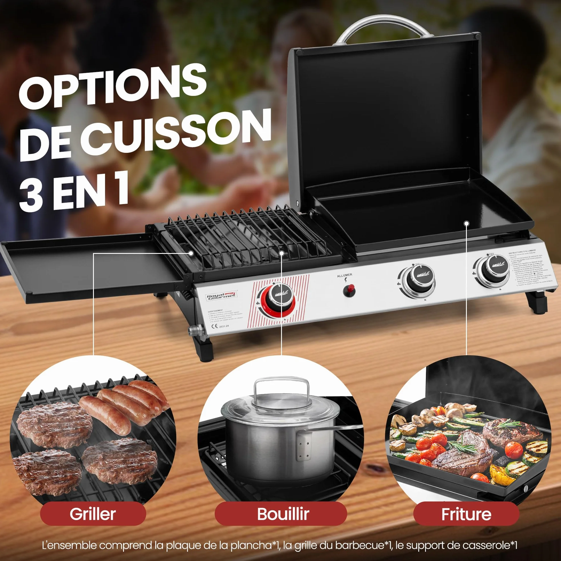 Royal Gourmet Barbecue Gaz Portable 3 Brûleurs 3 en 1 Plancha Grille 8.5kW Propane Noir
