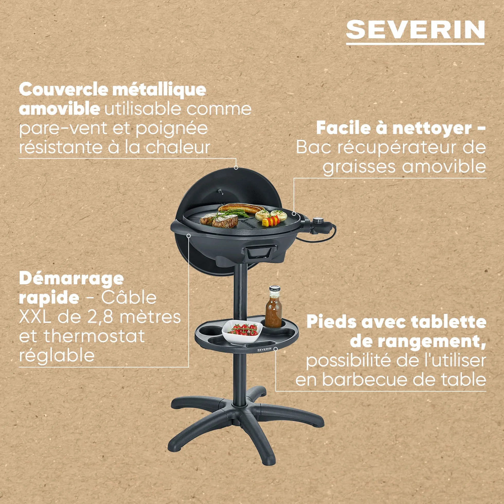 SEVERIN Barbecue électrique 2000 W grille fonte aluminium sur pieds couvercle thermomètre eBBQ noir PG 8541