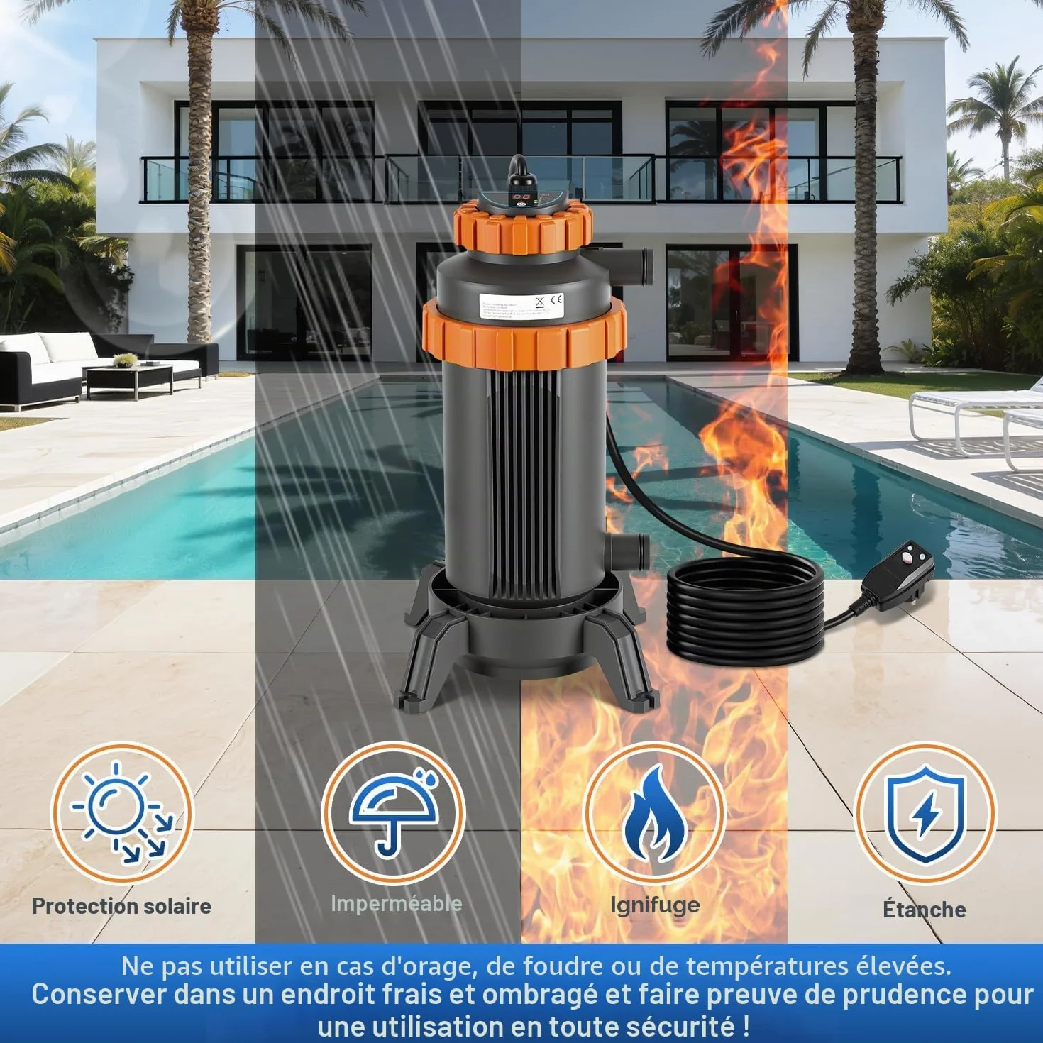 Chauffage de piscine électrique 3 kW avec affichage numérique et protection de sécurité 4 positions, raccord 32-38 mm, chauffe jusqu'à 45 °C, accessoires piscine hors sol