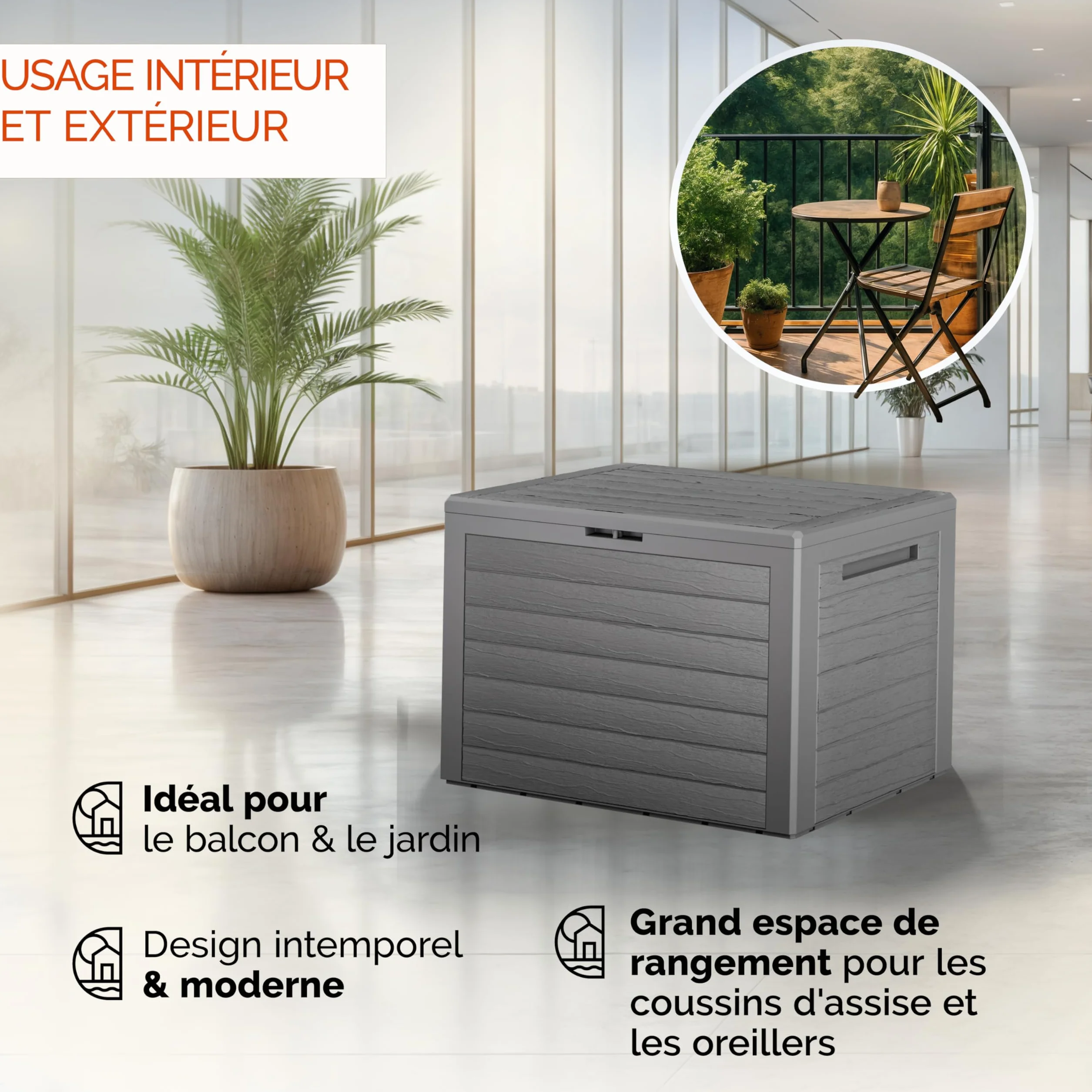 Casaria Coffre de Jardin Exterieur 190 L Gris - Caisse de rangement étanche Effet Bois