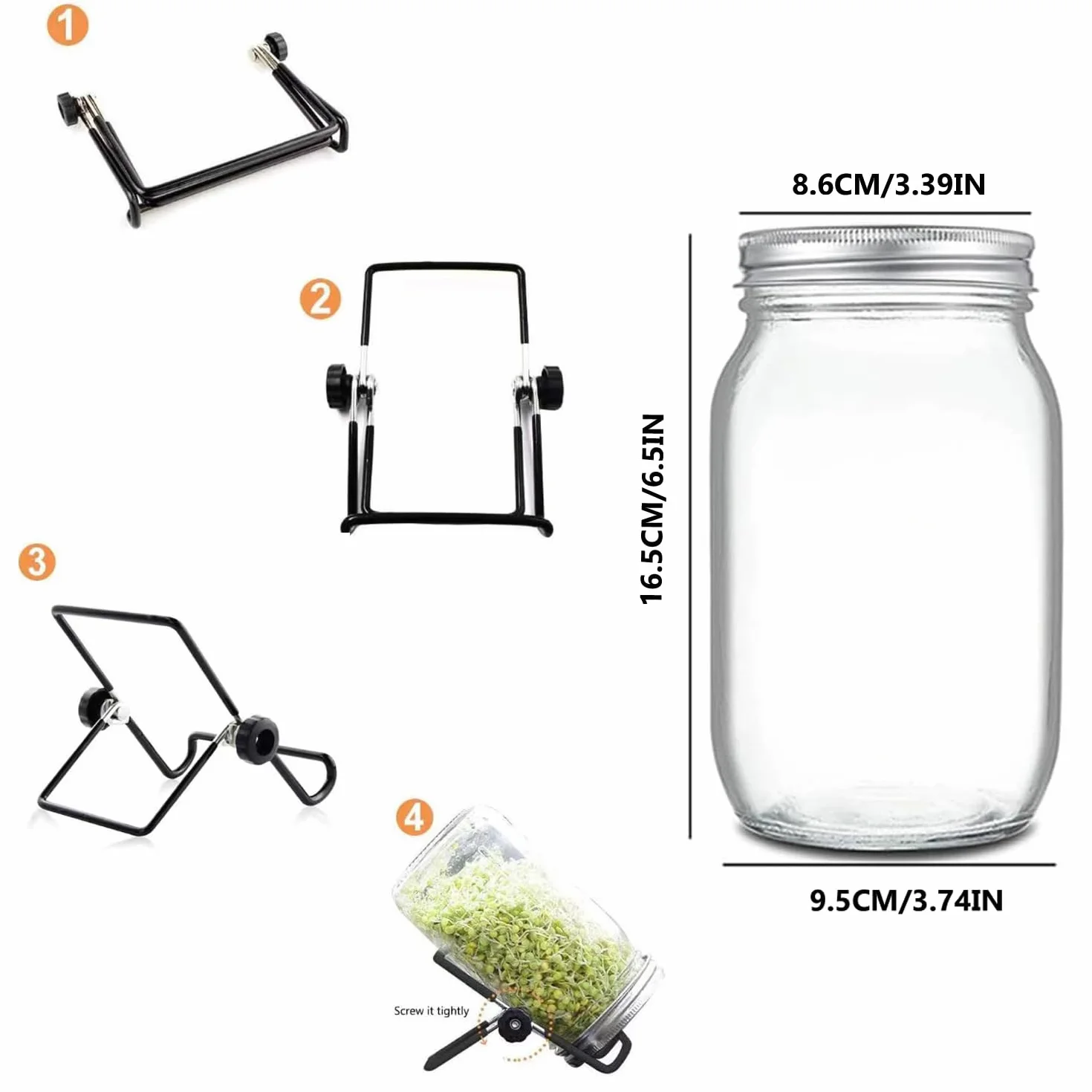 Bocaux à germer 1000 ml en verre avec couvercle inoxydable 304 et support pour germination alfalfa brocoli haricots mungo