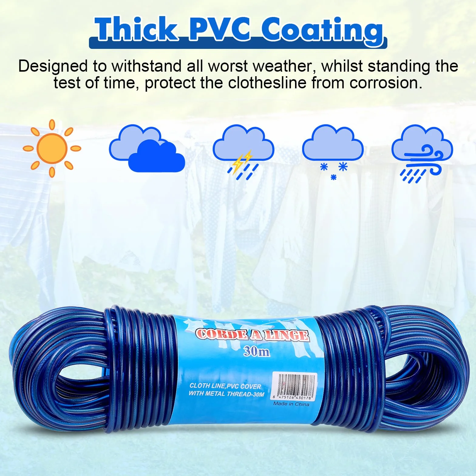 30m Corde a Linge, Fil à Linge Acier Plastifié avec Noyau d'acier, Corde a Linge Exterieur, Corde Solide 4mm Dia Corde à Linge, Fil a Linge Exterieure Résistantes, Capacité portante 120kg