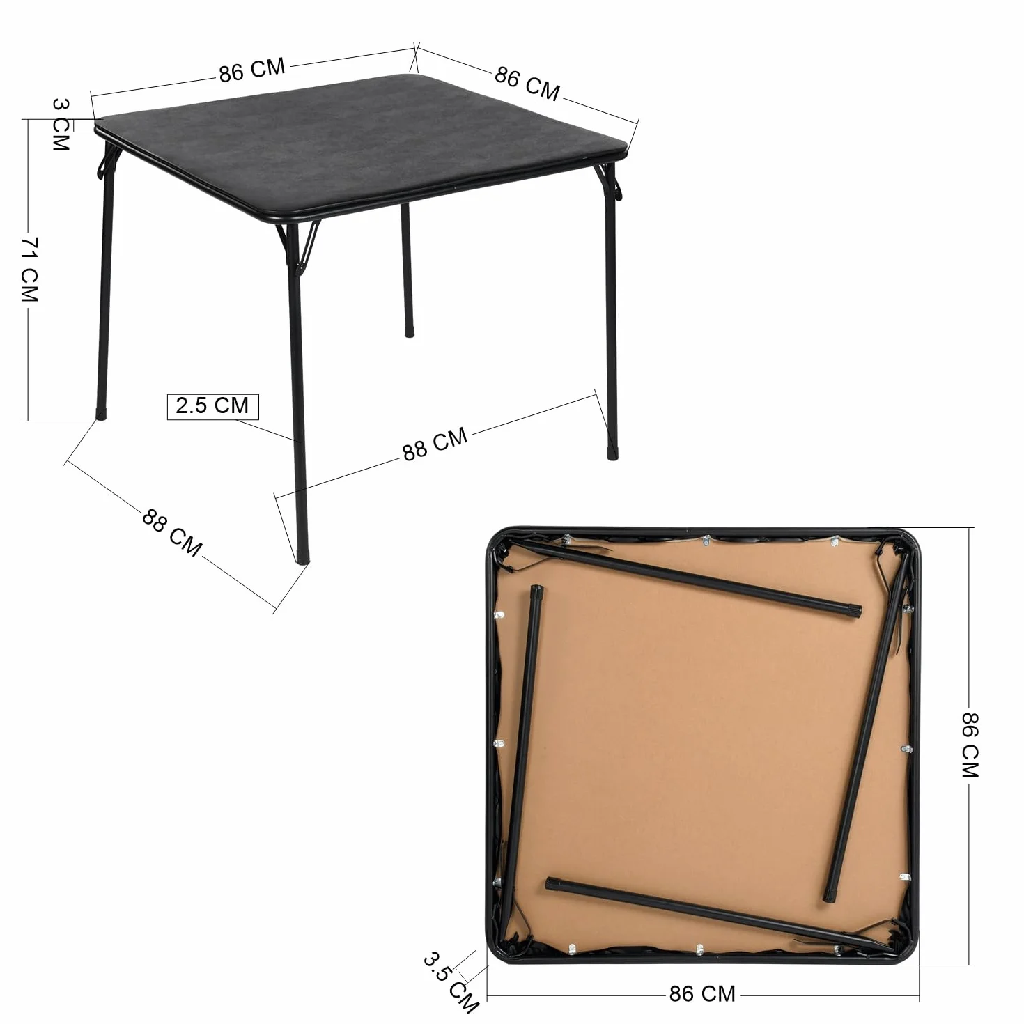 Tables de Bistrot pour Jardin Square Noire, Structure Métallique, Plateau MDF Rembourré Cuir Synthétique, Pliable 86x86cm