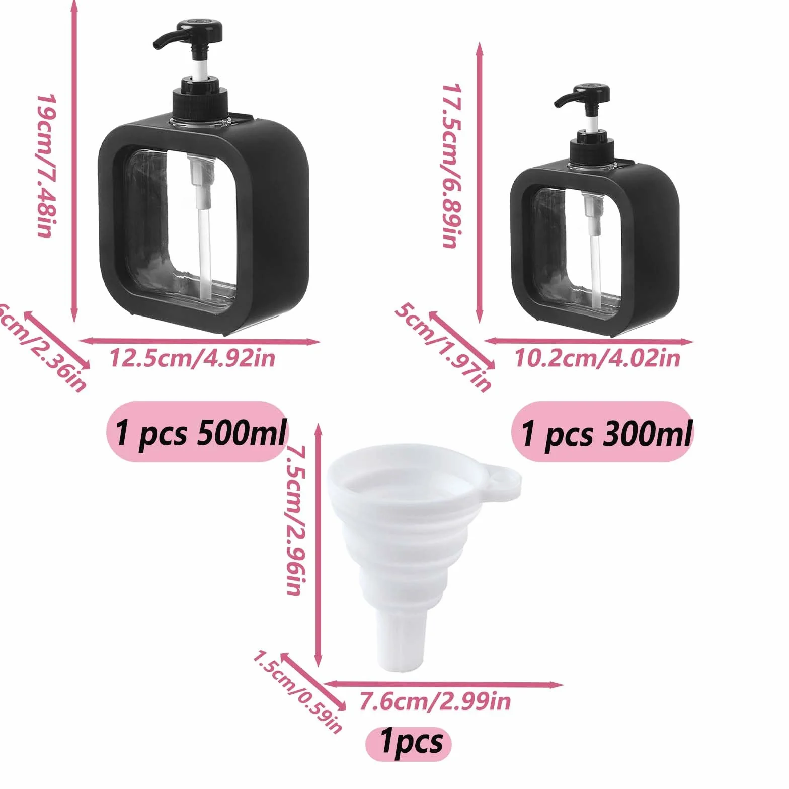 2 Pièces Noir Distributeur Savon WISIRENT, Distributeur Liquide Vaisselle Soap Dispenser, Flacon Pompe Vide Transparent Flacon Pompe Vide, Distributeur Gel Douche et 1 Entonnoir Pliable (500ml&300ml)