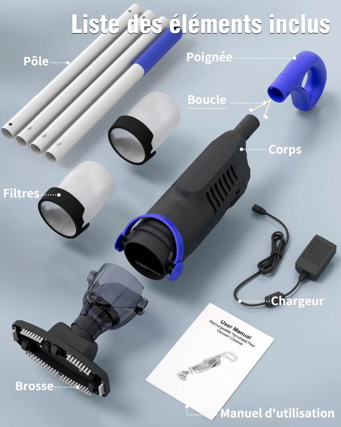 Aspirateur Piscine Hors Sol Little Shark 60W 18 Gal/Min Batterie 5000 mAh