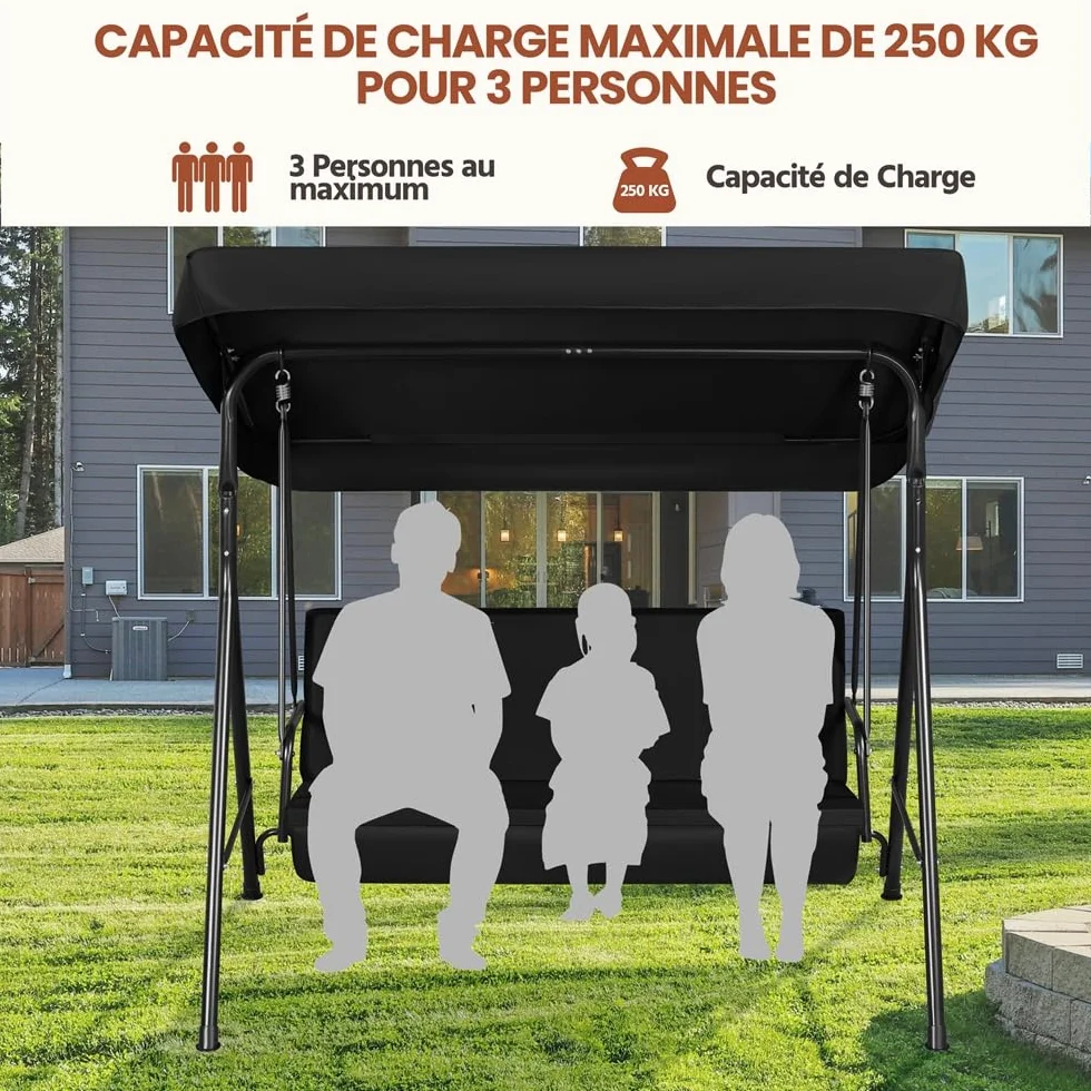 Yaheetech Balancelle de Jardin 3 Places Auvent Ajustable Coussins Amovibles Cadre Métal Noir