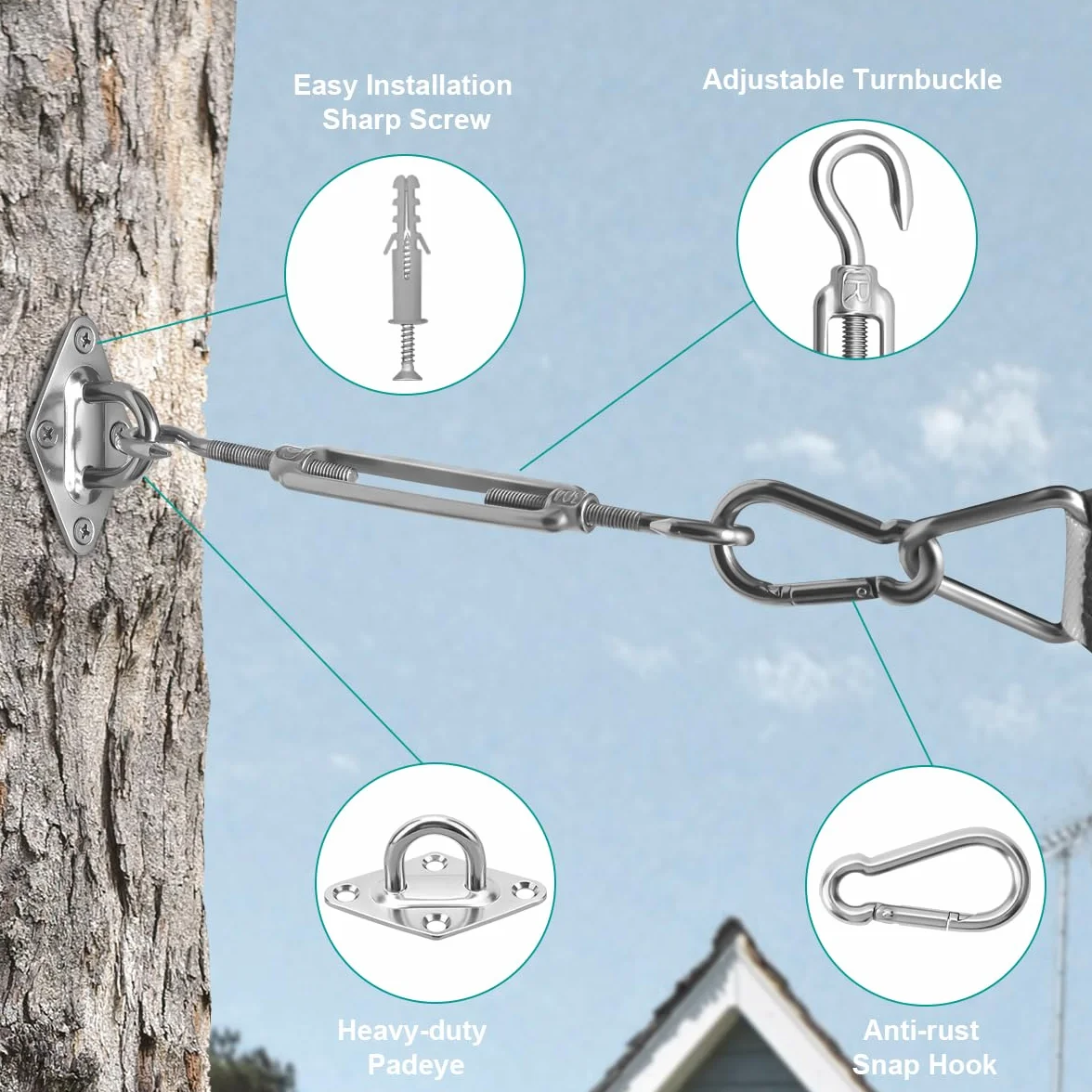 Kit de fixation pour voile d'ombrage en acier inoxydable M6 avec crochets et tendeurs