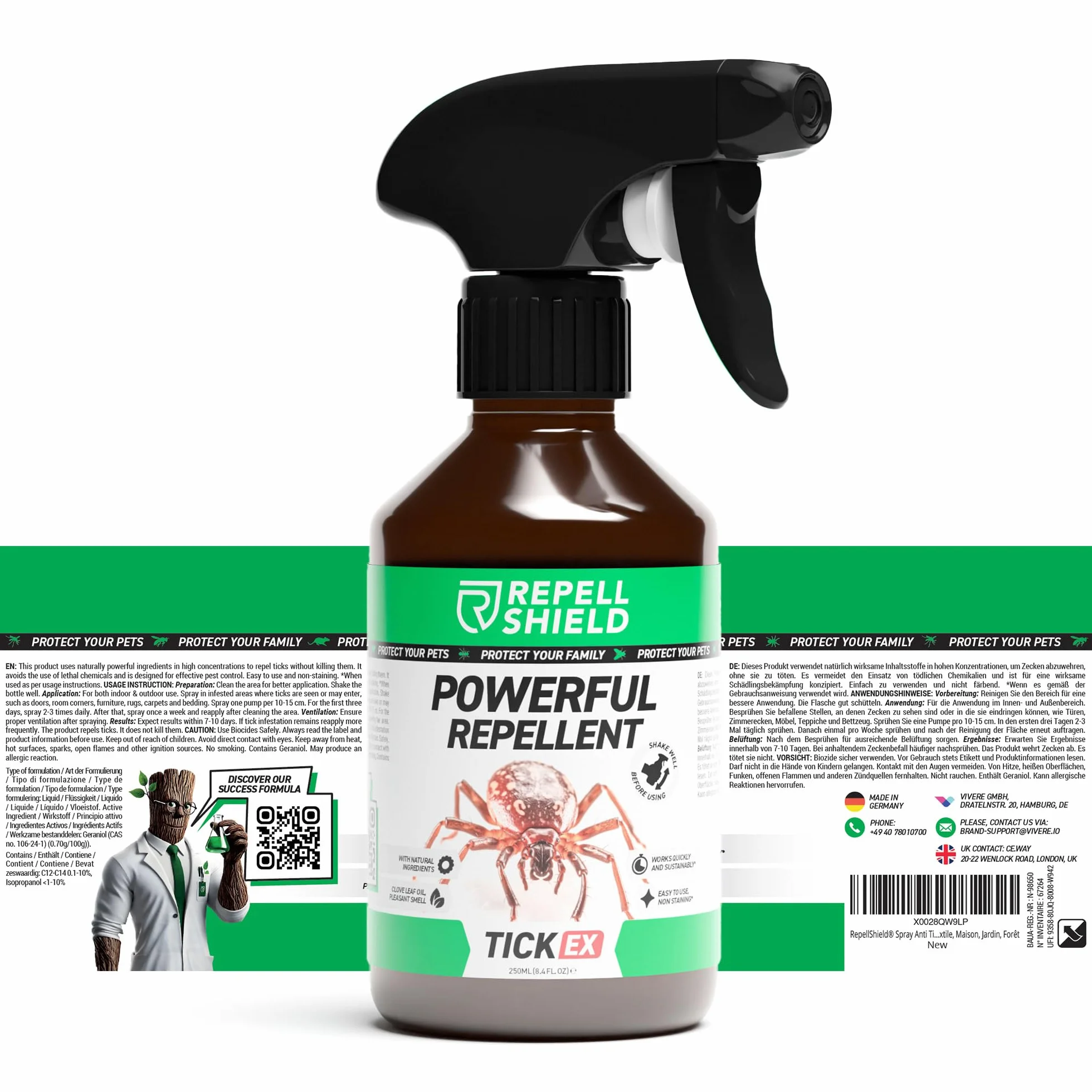 RepellShield® Anti Tique Spray 250ml Protection Cutanée Textile Non Tachant Usage Intérieur Extérieur Huiles Essentielles