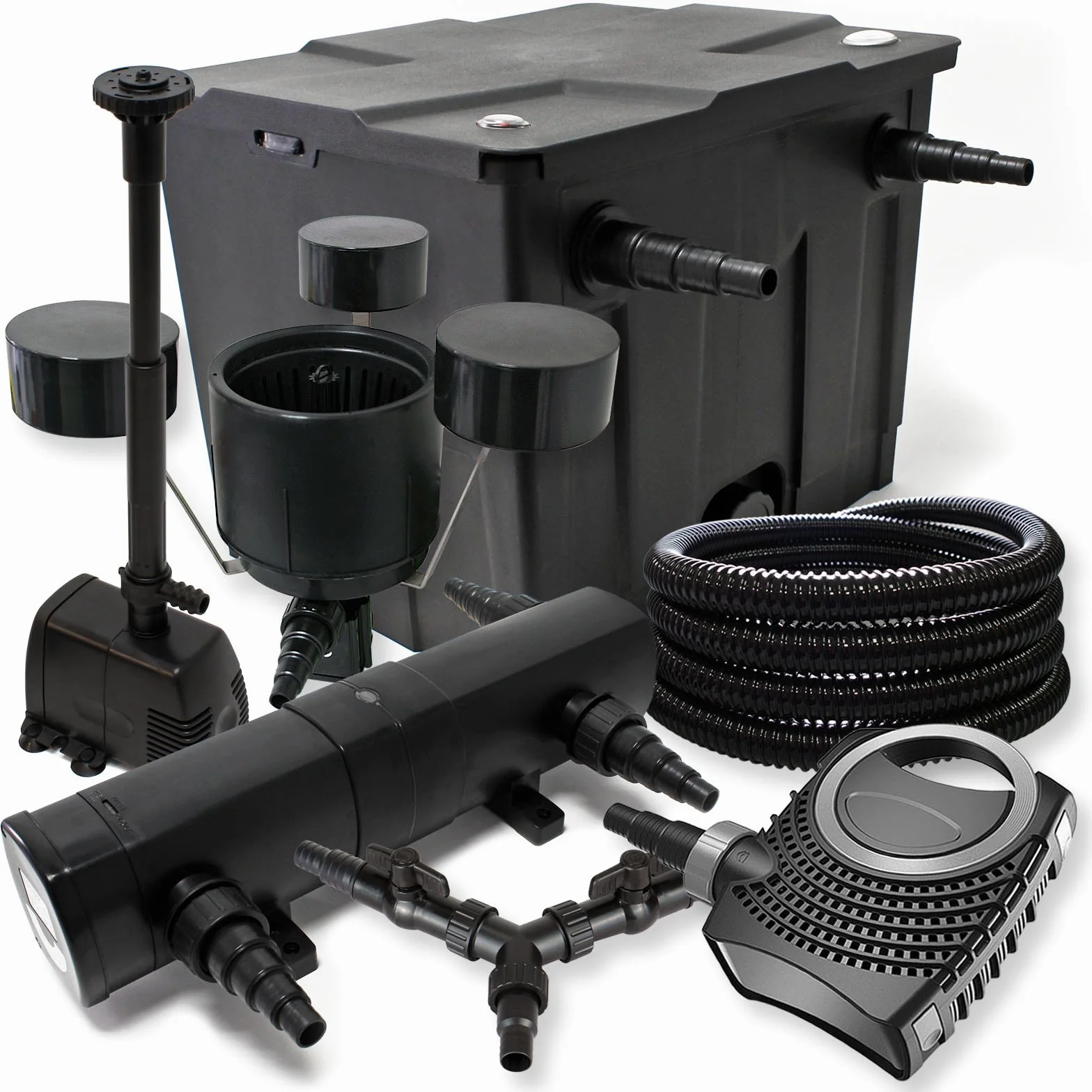 SunSun CBF-350 Filtre de bassin 12000L CTF-8000 Pompe 8000l/h 70W CUV-236 Lampe UV 36W 25m Tuyau 25mm CSP-250 Écumeur 2500l/h HJ-943 Fontaine 800l/h Y-distributeur