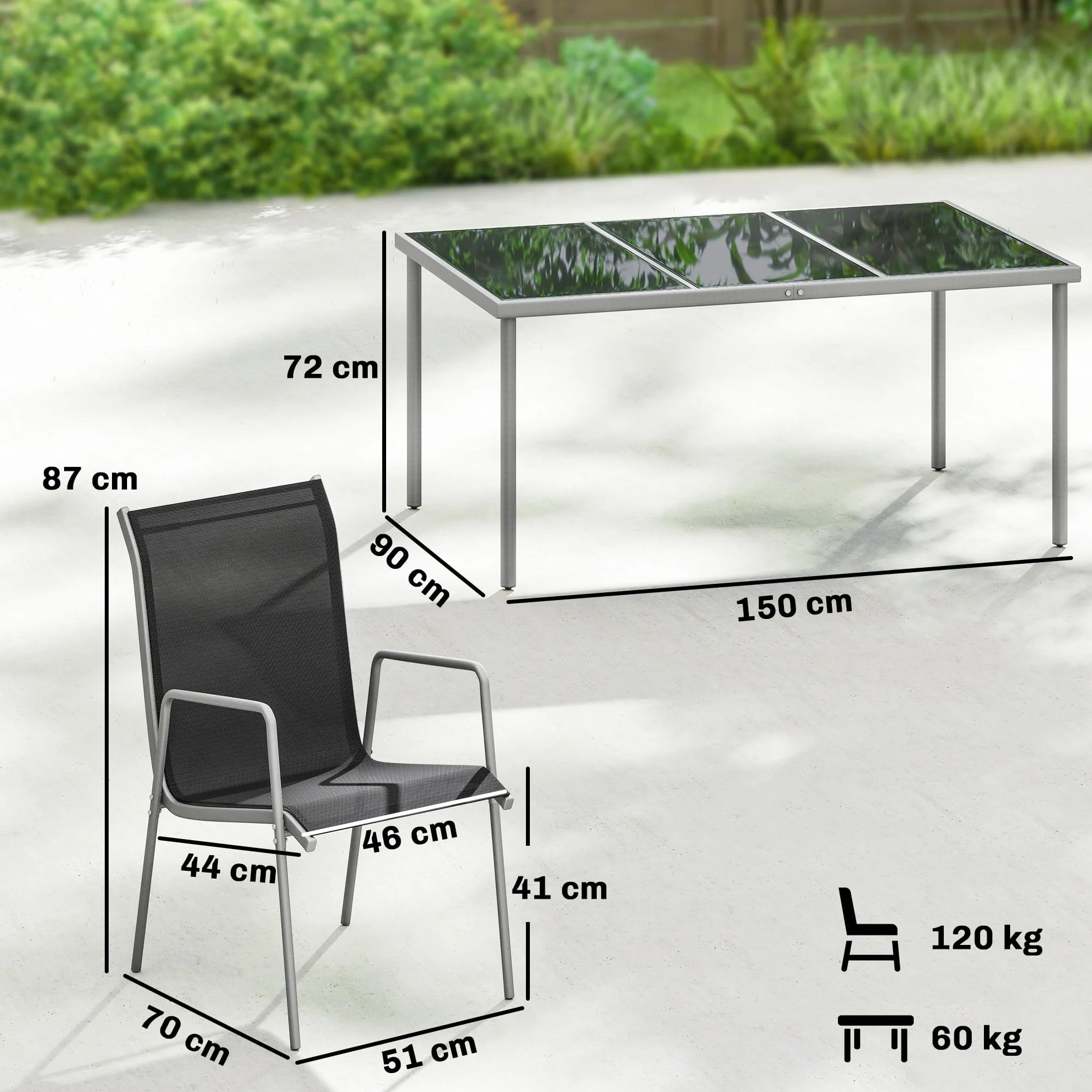 Outsunny Salon de Jardin 6 Personnes Table et Chaises Empilables Textilène Plateau Verre Trempé Argent