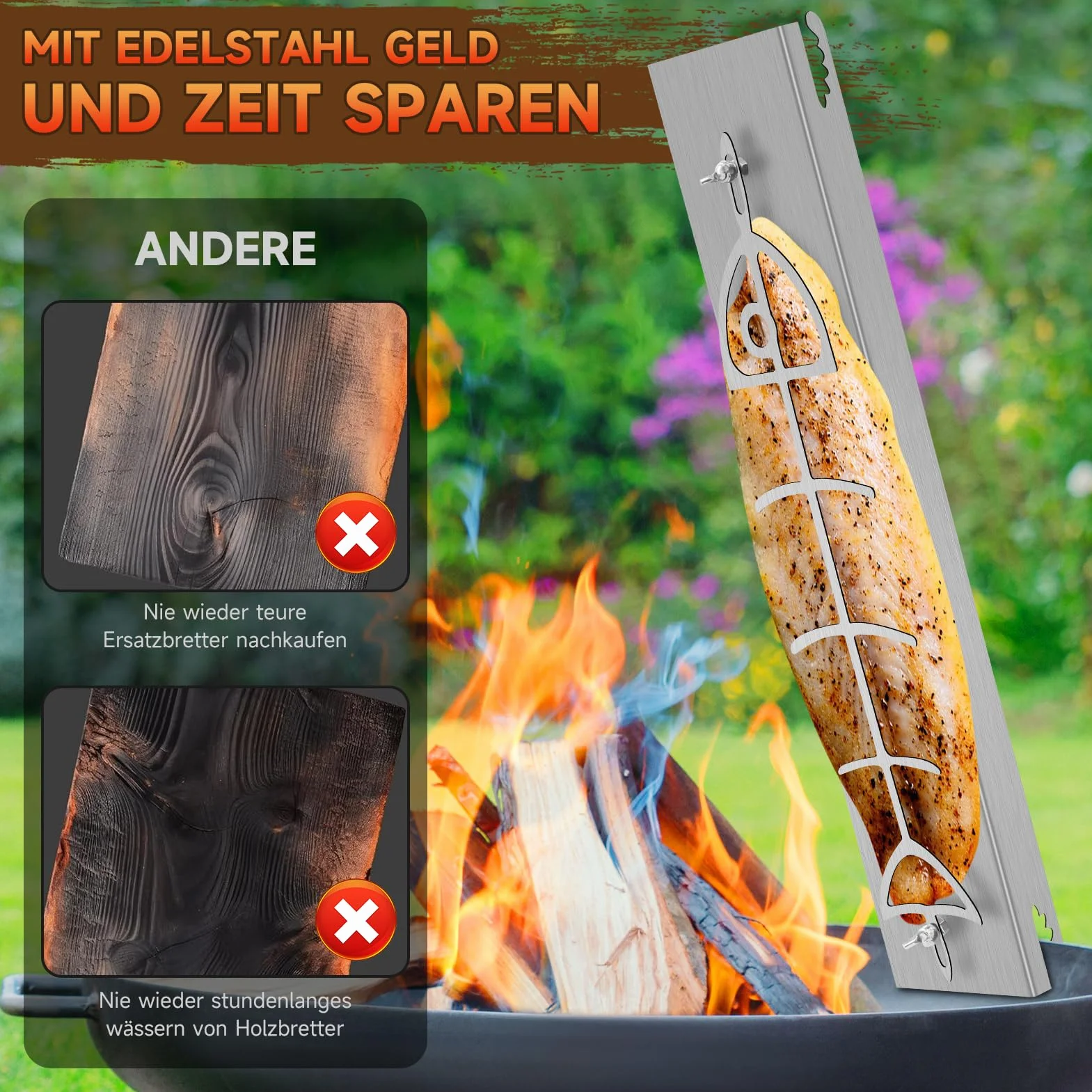 Planche à saumon flambée en acier inoxydable pour brasero et barbecue sphérique, réversible 180°, 5 positions