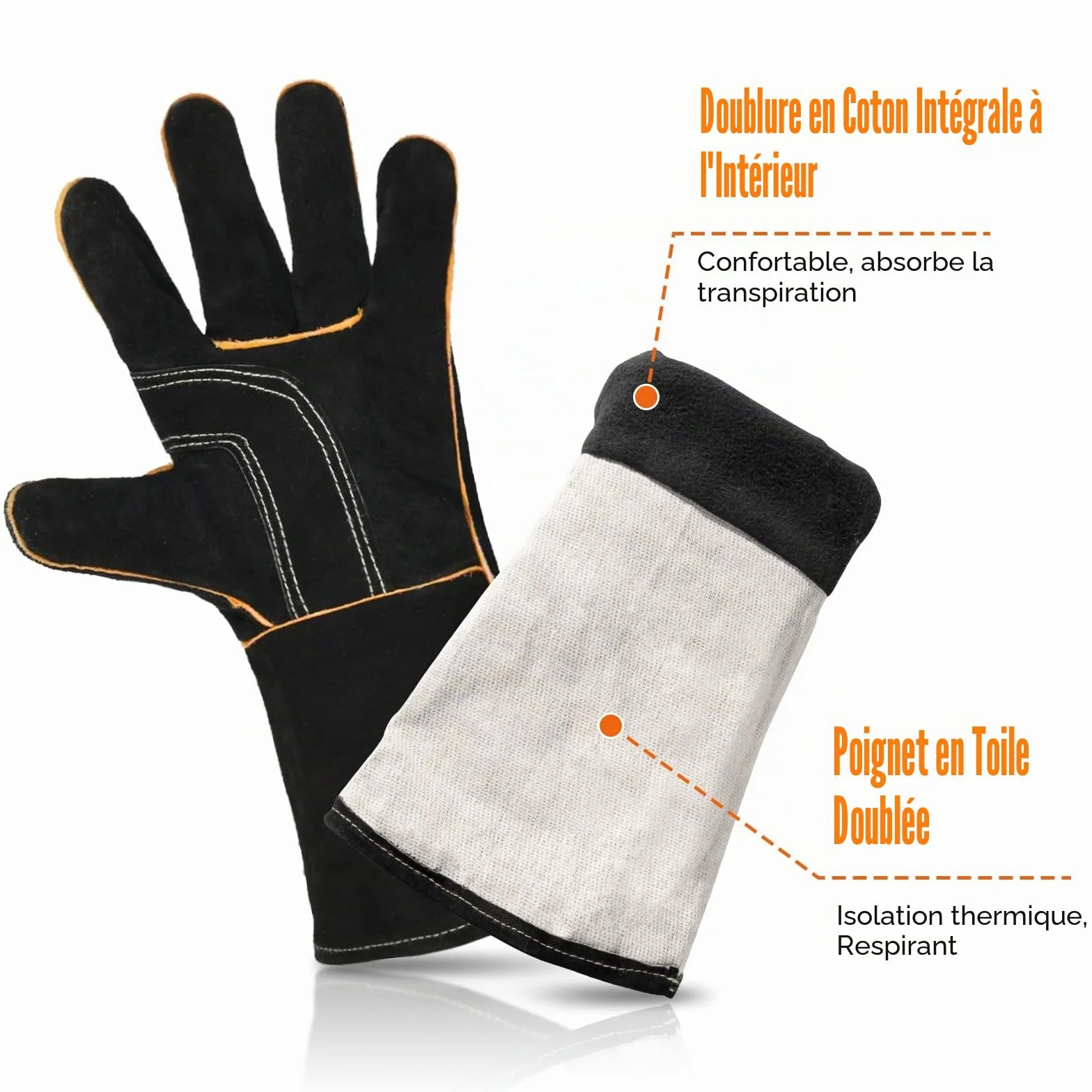Gants de barbecue en cuir résistant à la chaleur et ignifuge 14-inch Noir