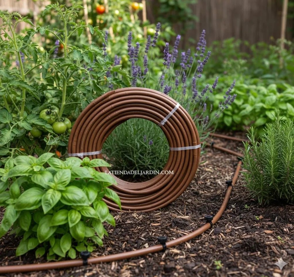 Tuyau d'irrigation goutte à goutte 16 mm marron avec goutteurs turbulents intégrés tous les 50 cm 100 mètres 1 mm 2,5 l/h