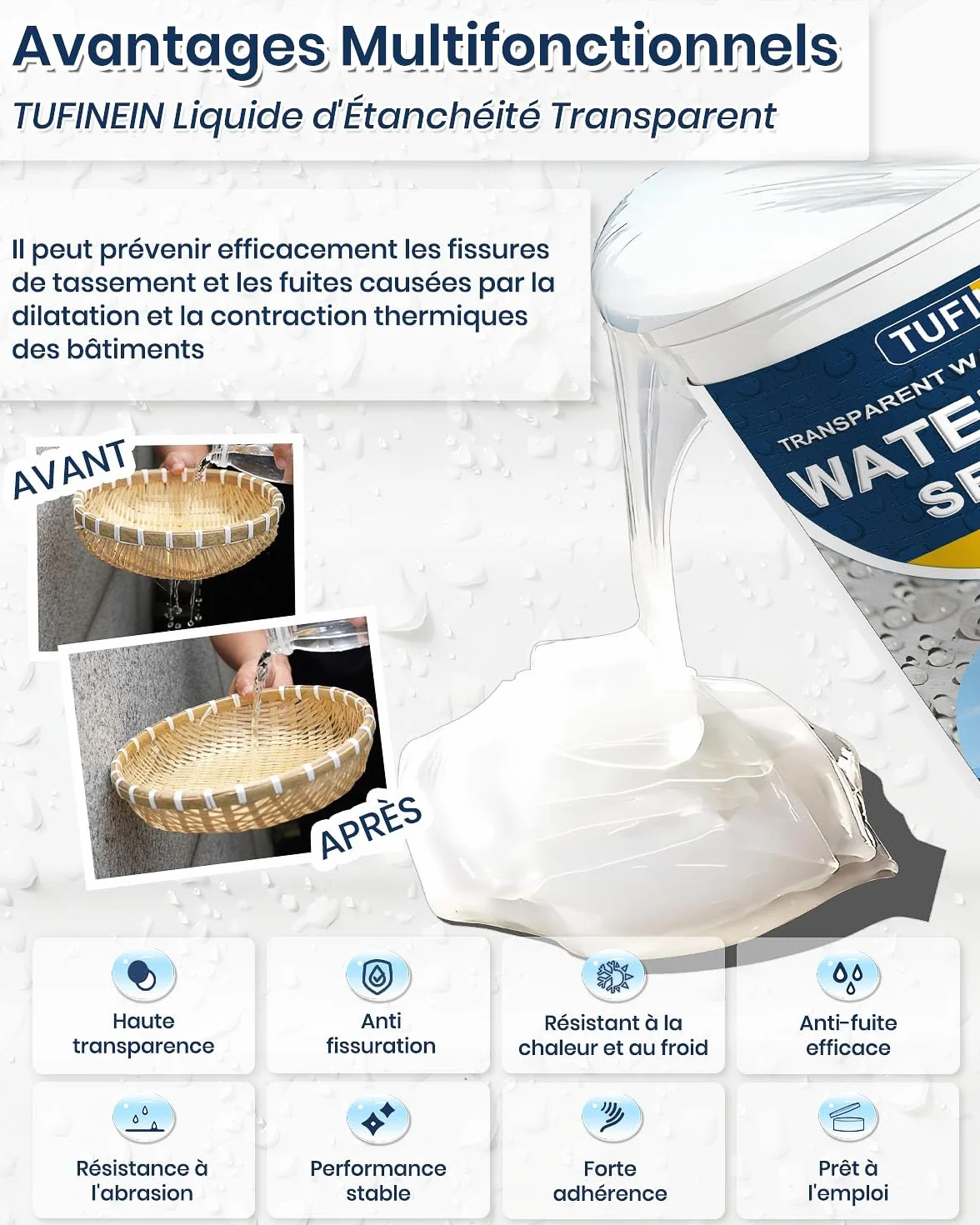 Agent de Revêtement Imperméable Transparent, 500G Liquide d'Étanchéité Transparent Fuite Réparation Étanchéité Intérieure et Extérieure Agent Anti-Fuite Étanche