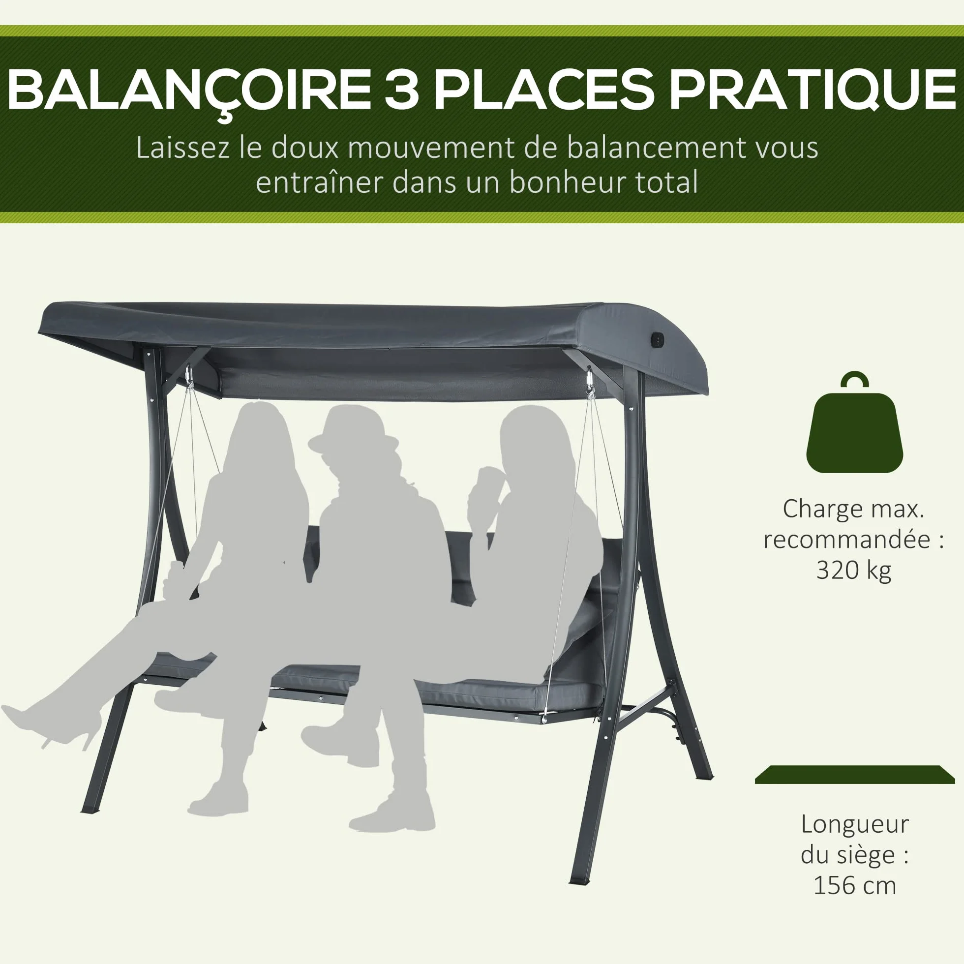 Outsunny Balancelle de Jardin 3 Places Grand Confort Acier Polyester 202x115x168 cm Gris foncé