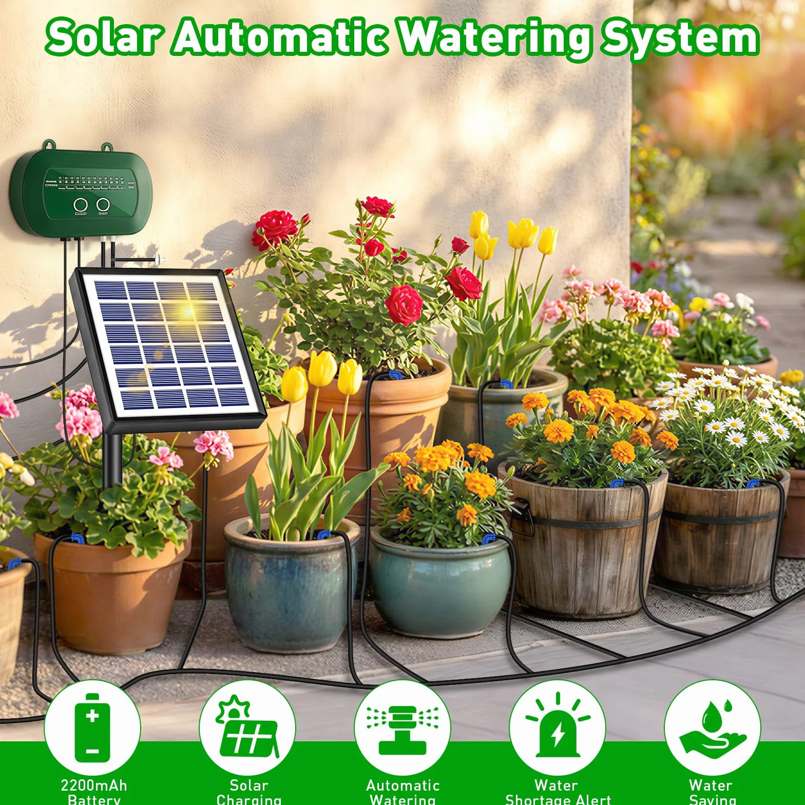 Onherm Arrosage Automatique Solaire Kit Goutte à Goutte avec Minuterie 12 Modes et Tuyau 15M pour Jardin Balcon