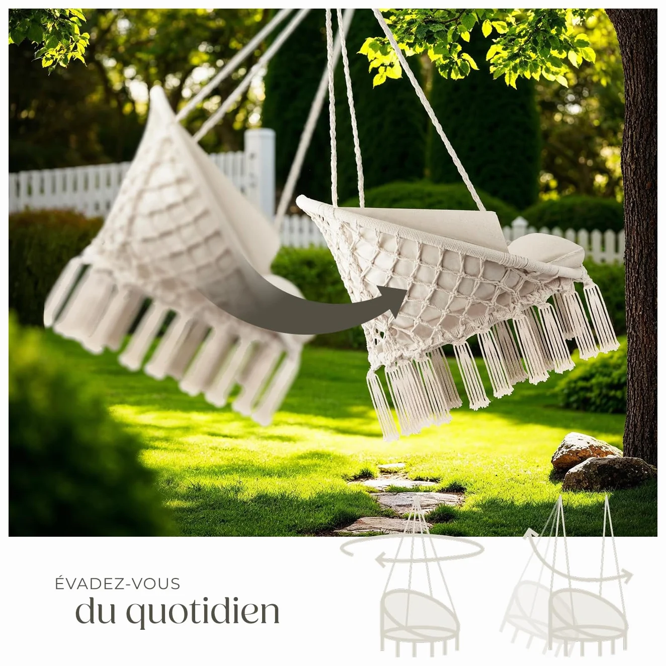 Tectake Fauteuil Suspendu Relax Design Intérieur Extérieur 1 Place Coussin XXL Moelleux Inclus Beige