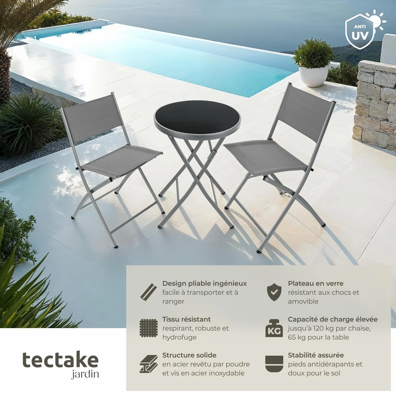 Tectake Ensemble Table Ronde et Chaises Pliantes Table de Bistrot Jardin 2 Personnes Acier Epoxy