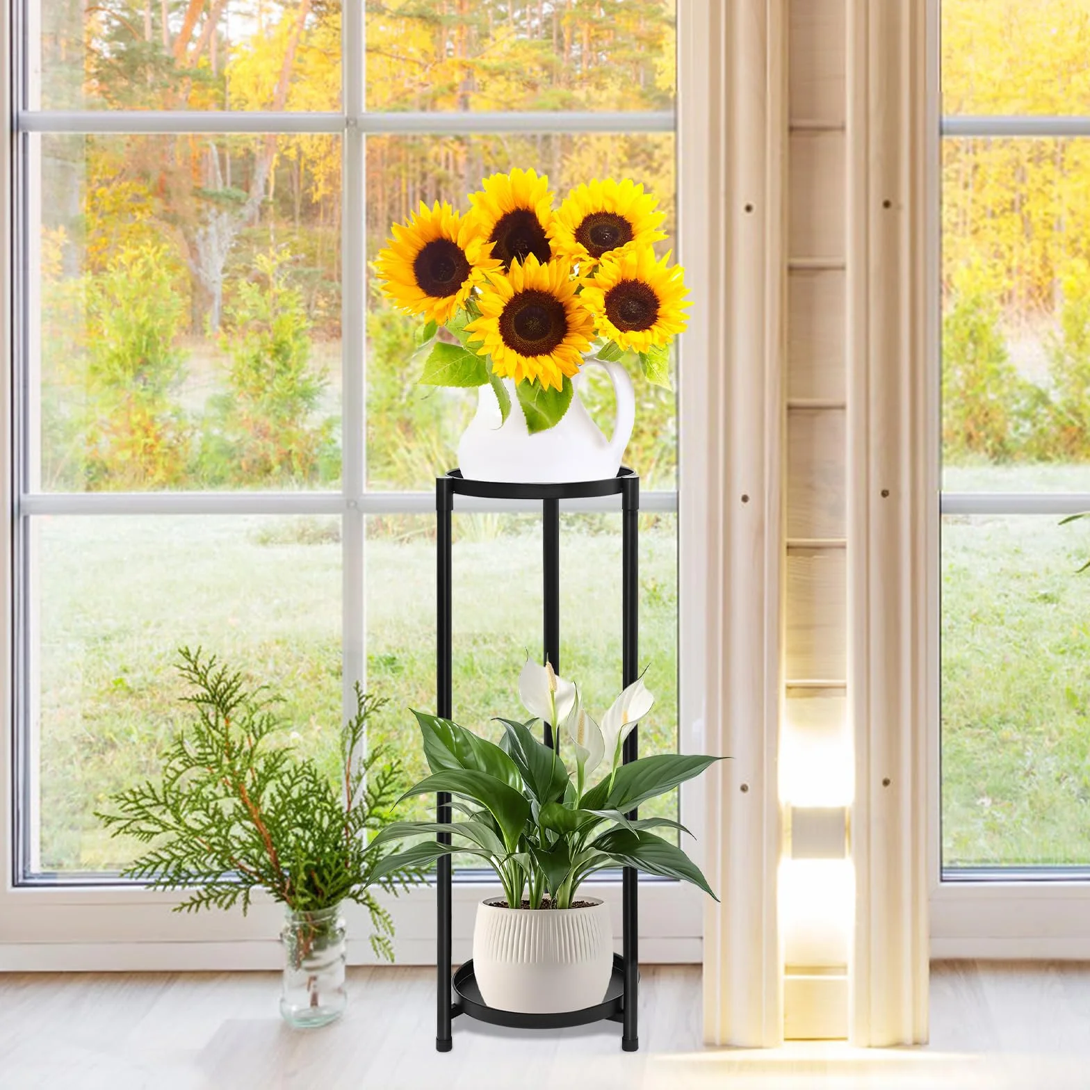 Porte plante interieur étagère 2 niveaux métal, Support pot fleurs maison balcon jardin