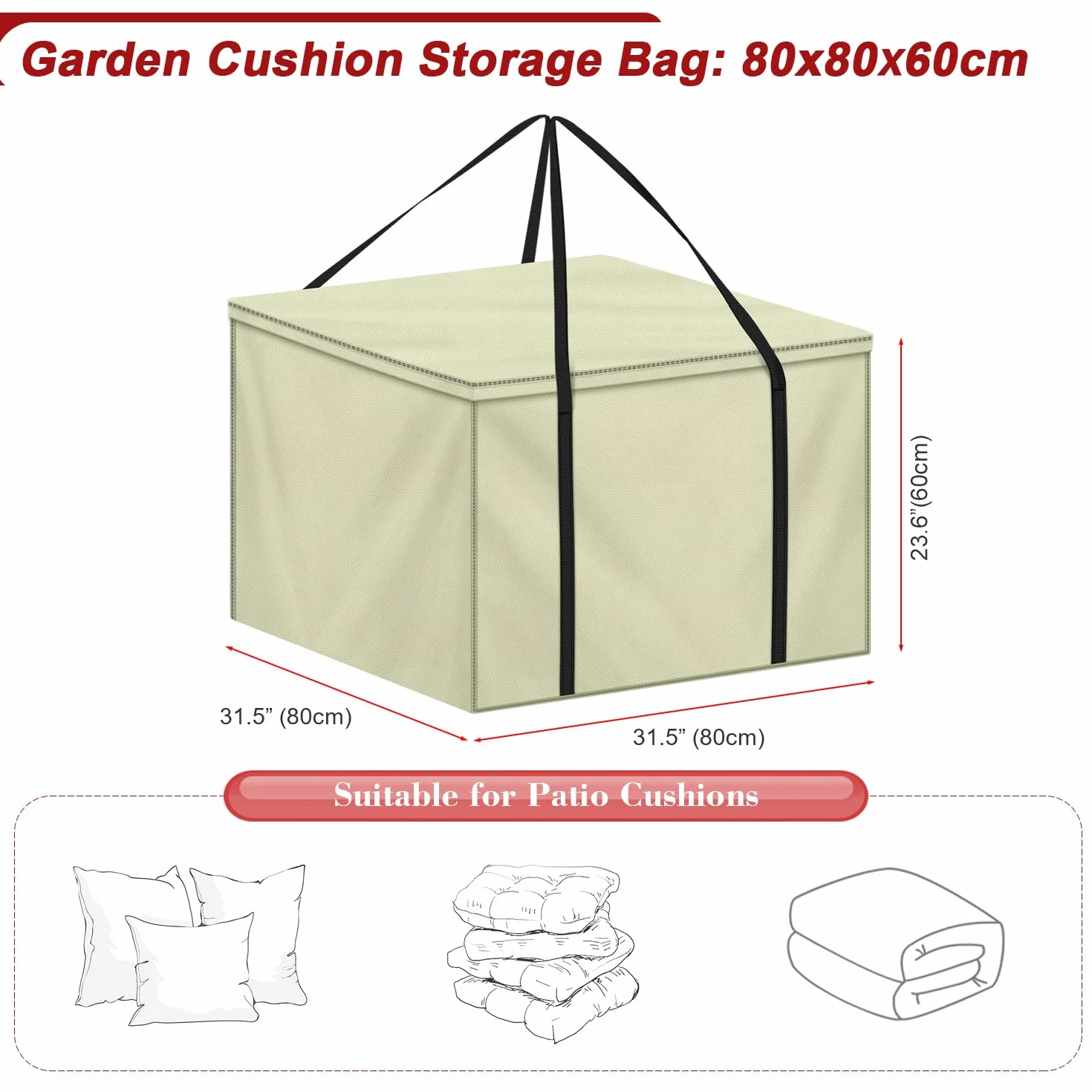 LAMUNI Housse de Rangement Carré 80x80x60cm Tissu Oxford 600D Imperméable pour Coussin de Jardin