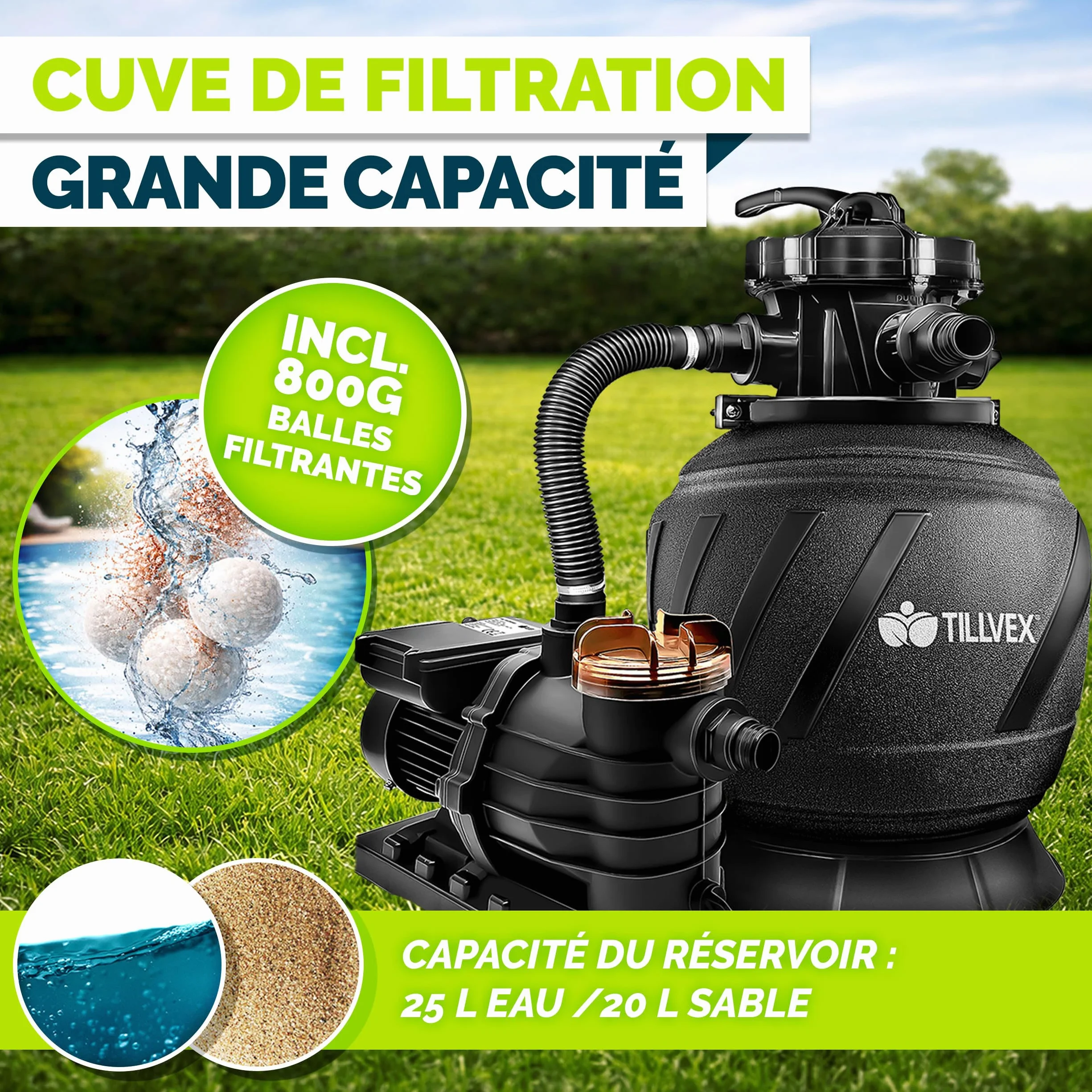Tillvex Système de Filtre à Sable 10m³/h 800g Boules de Filtre 7 Fonctions Filtre de Piscine avec Indicateur de Pression AquaBlack Pro