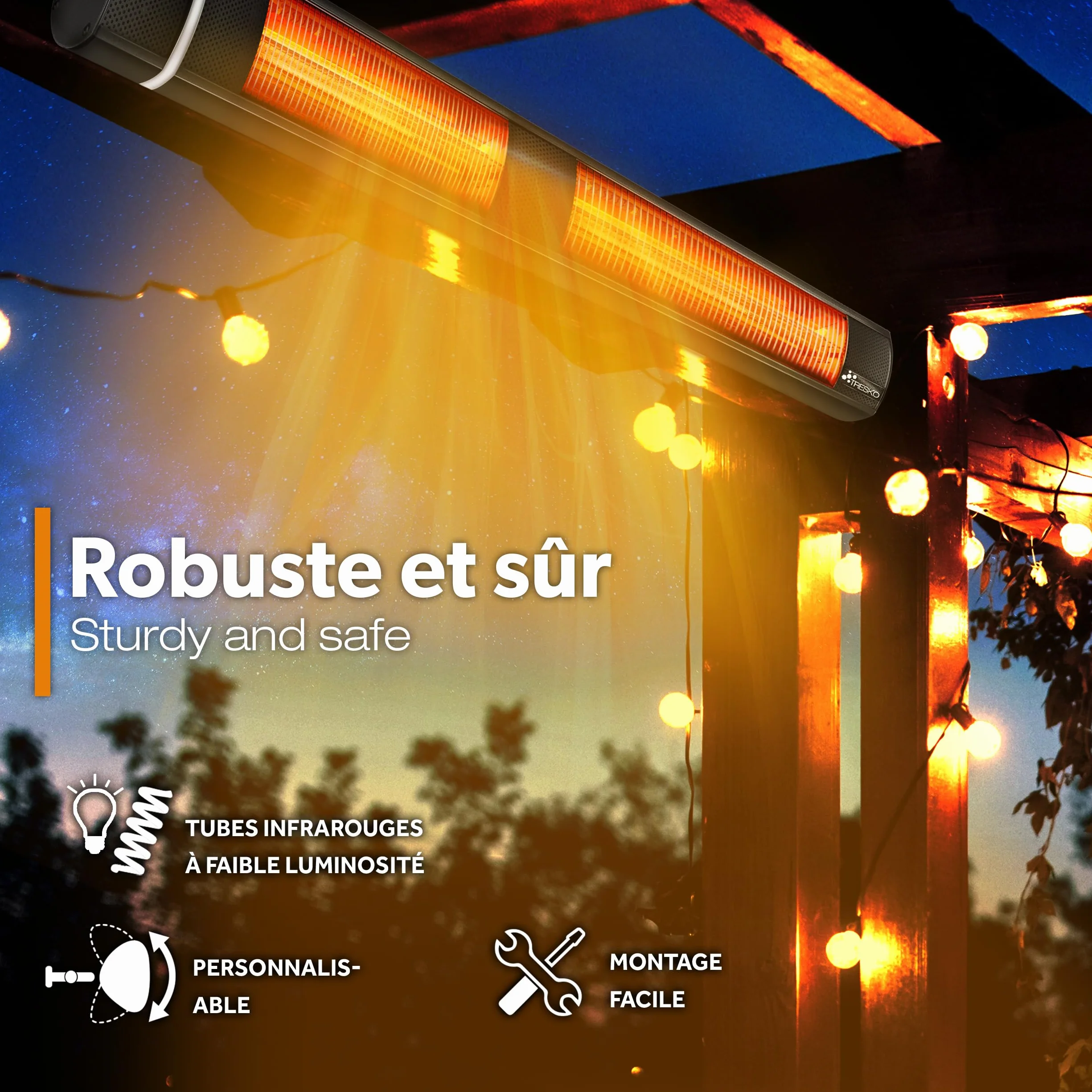 TRESKO Radiateur infrarouge extérieur 3000W Chauffage radiant terrasse Noir