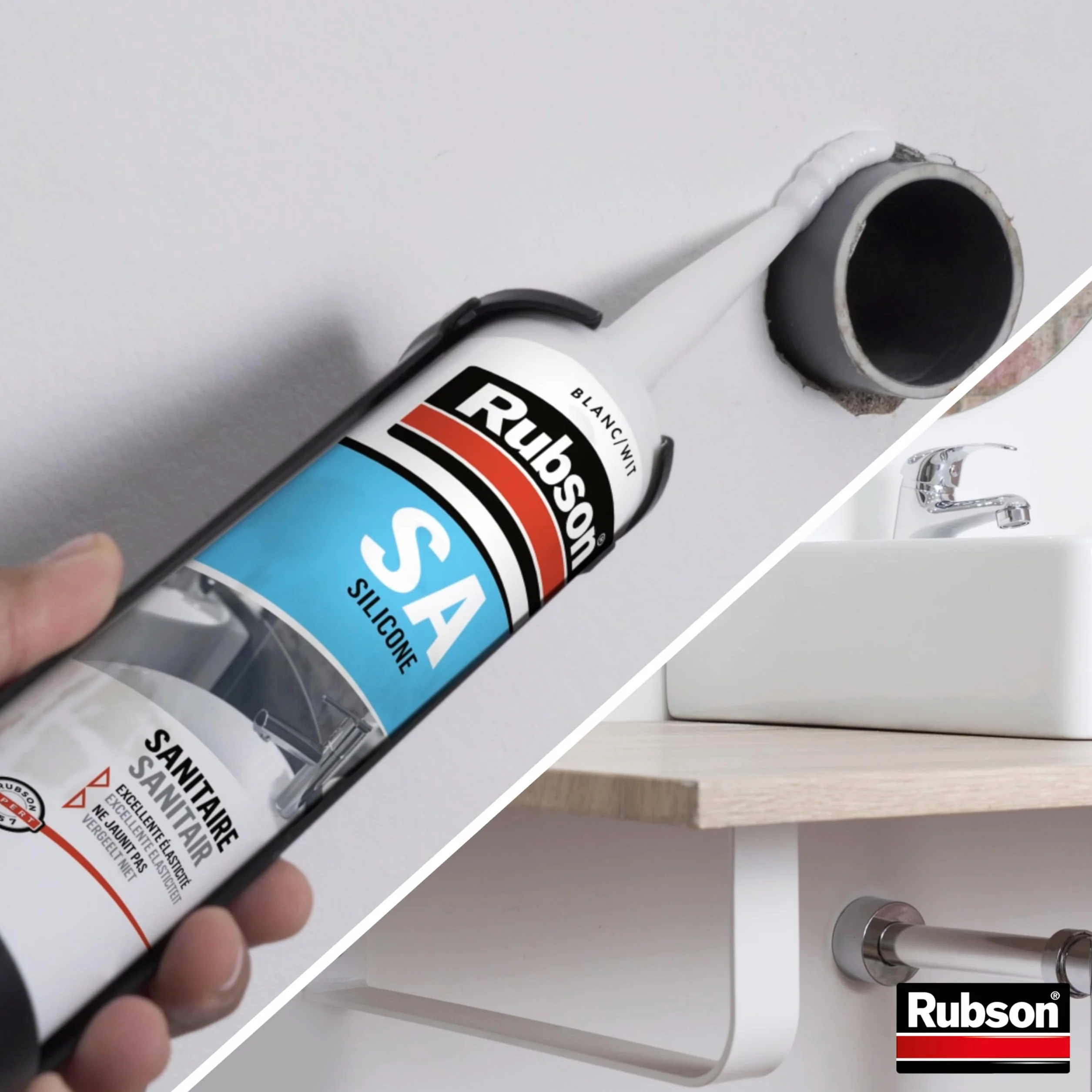 Rubson SA Mastic Sanitaire Blanc, Mastic silicone acétique contenant des antifongiques puissants, Joint sanitaire étanche pour tous matériaux émaillés, 300 ml
