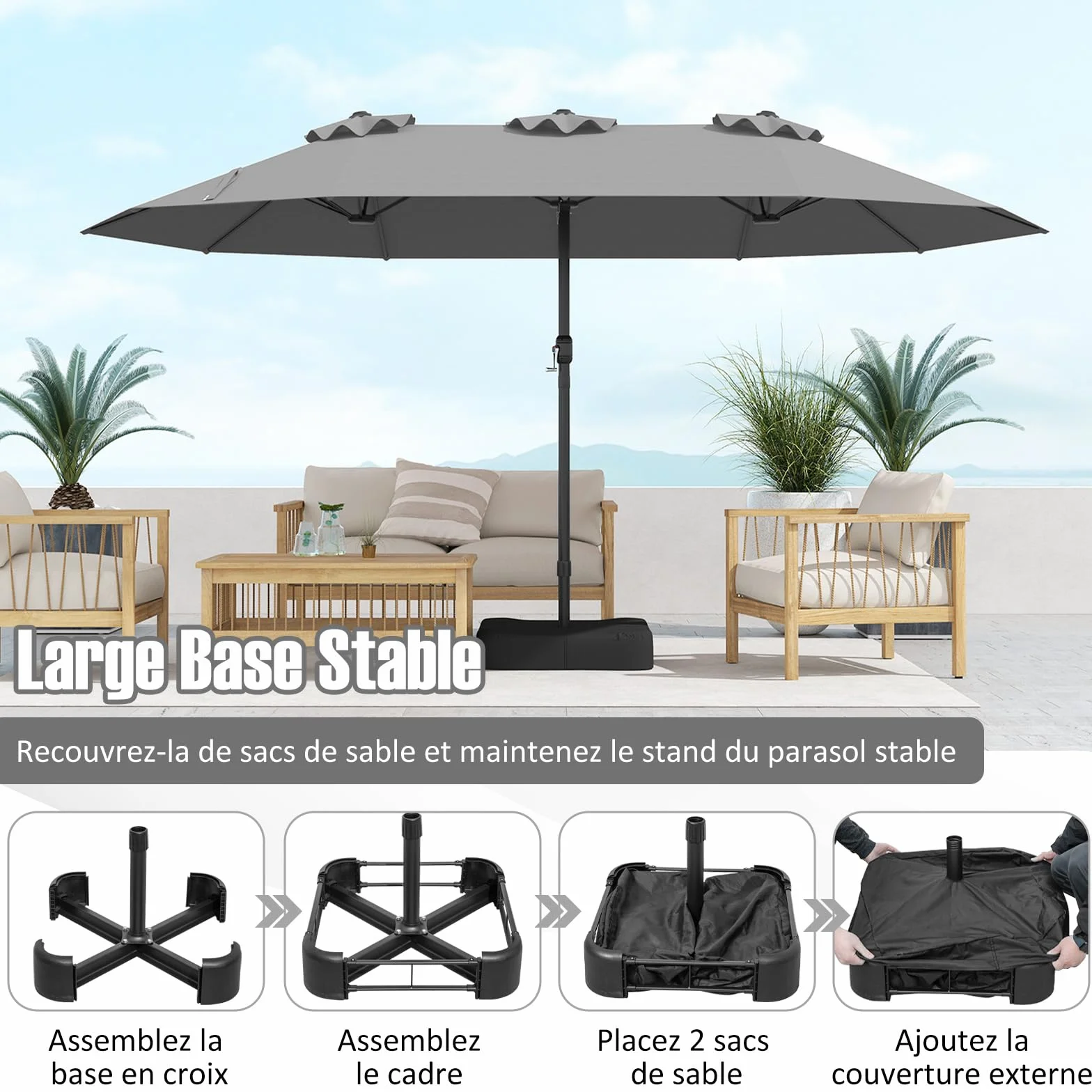 Parasol Double RELAX4LIFE 4,7M avec Pied, Manivelle, 12 Baleines, Base Croix, Protection Solaire Jardin Terrasse Gris