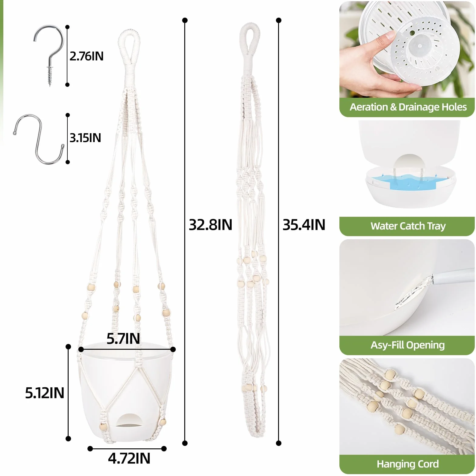 Pot Suspendu Plante Exterieur Intérieure 14,5cm Macrame Suspension 86,36cm Plastique avec Trou de Drainage