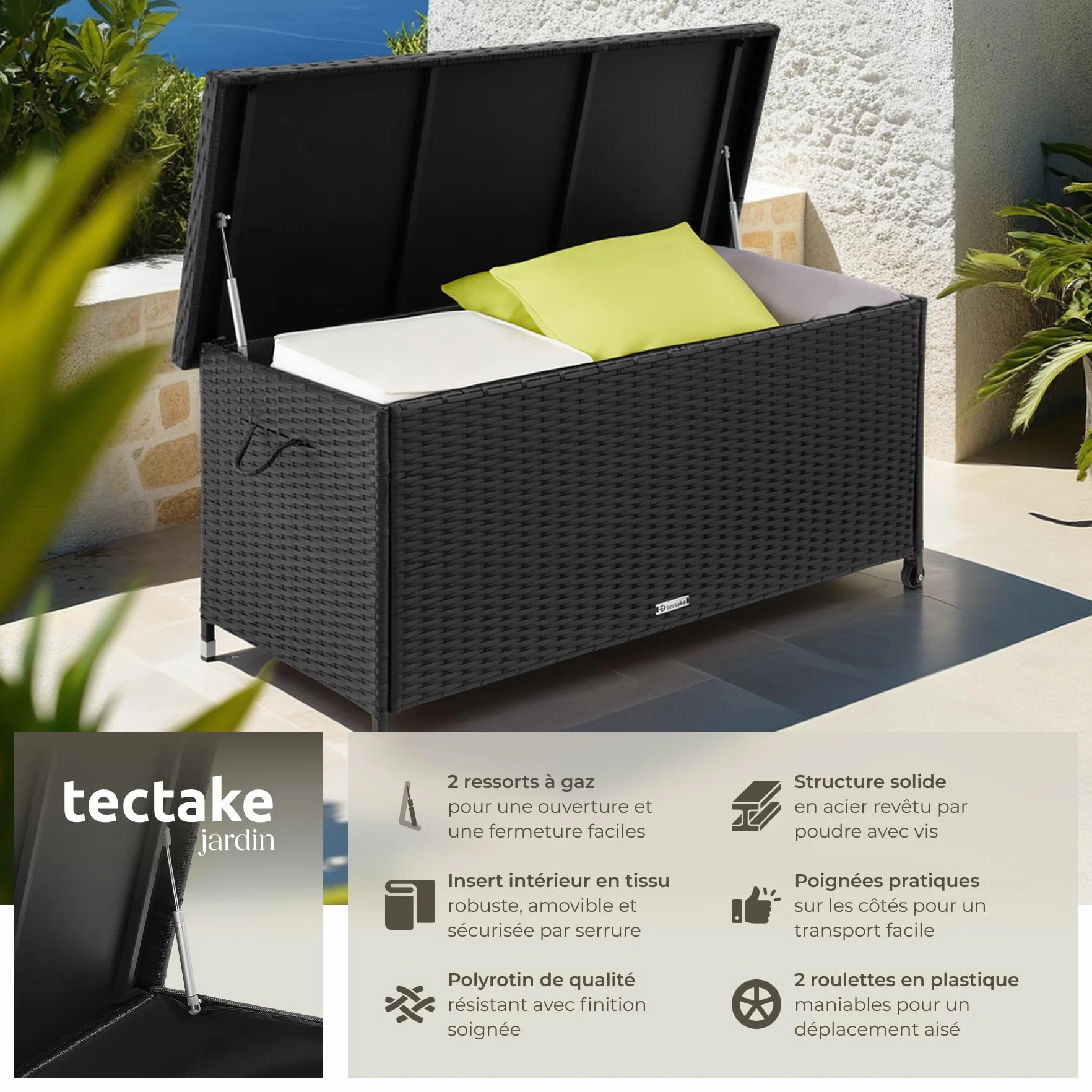 tectake Coffre de Jardin 270L Aspect Rotin 120x55x61.5cm avec Roulettes Couvercle Rabattable
