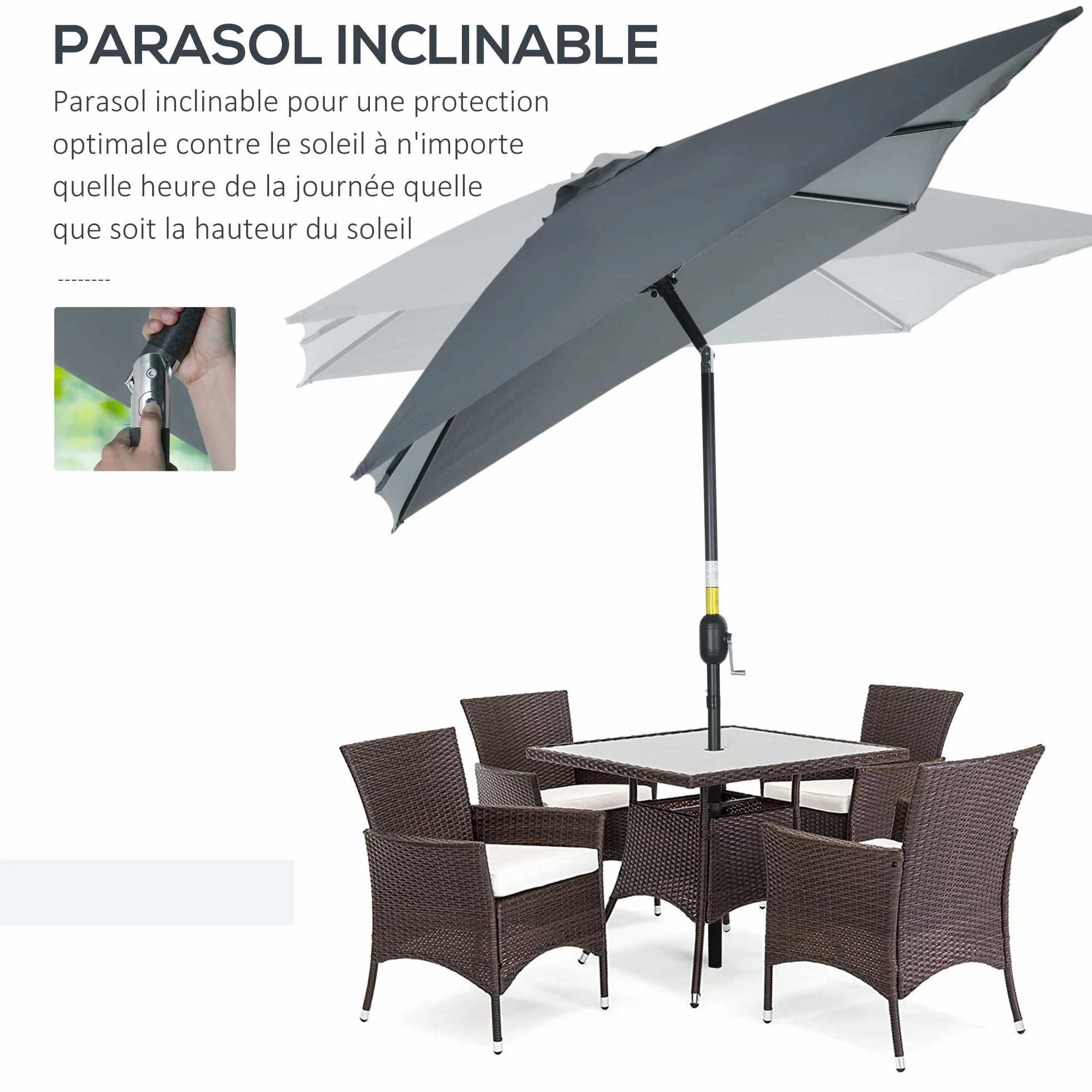 Outsunny Parasol de jardin rectangulaire aluminium 3 x 2 m inclinable polyester haute densité