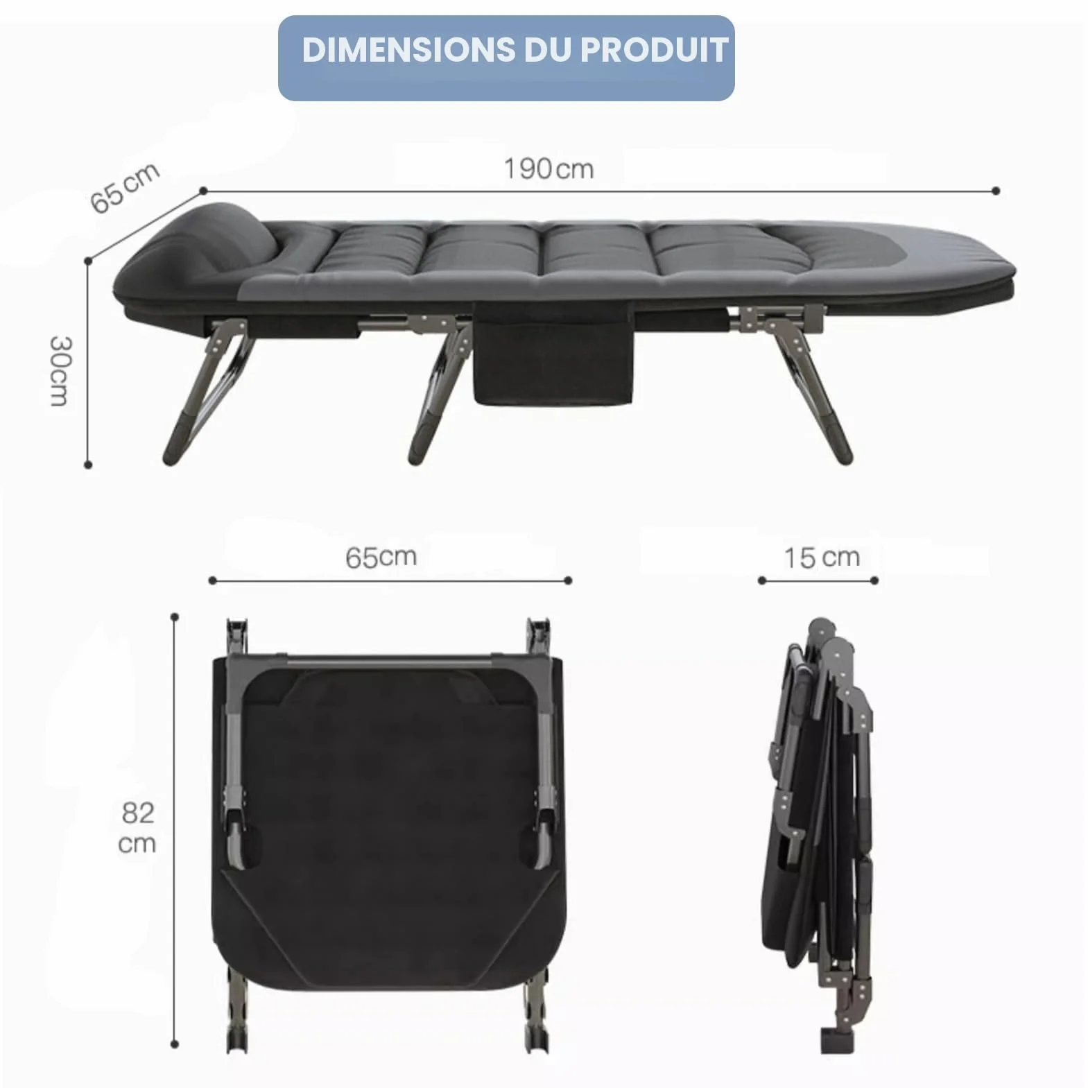 Chaise Longue Jardin Exterieur Pliable avec 6 Dossiers Réglables, Poche Latérale, Bain de Soleil pour Balcon Patio Camping (Noir)