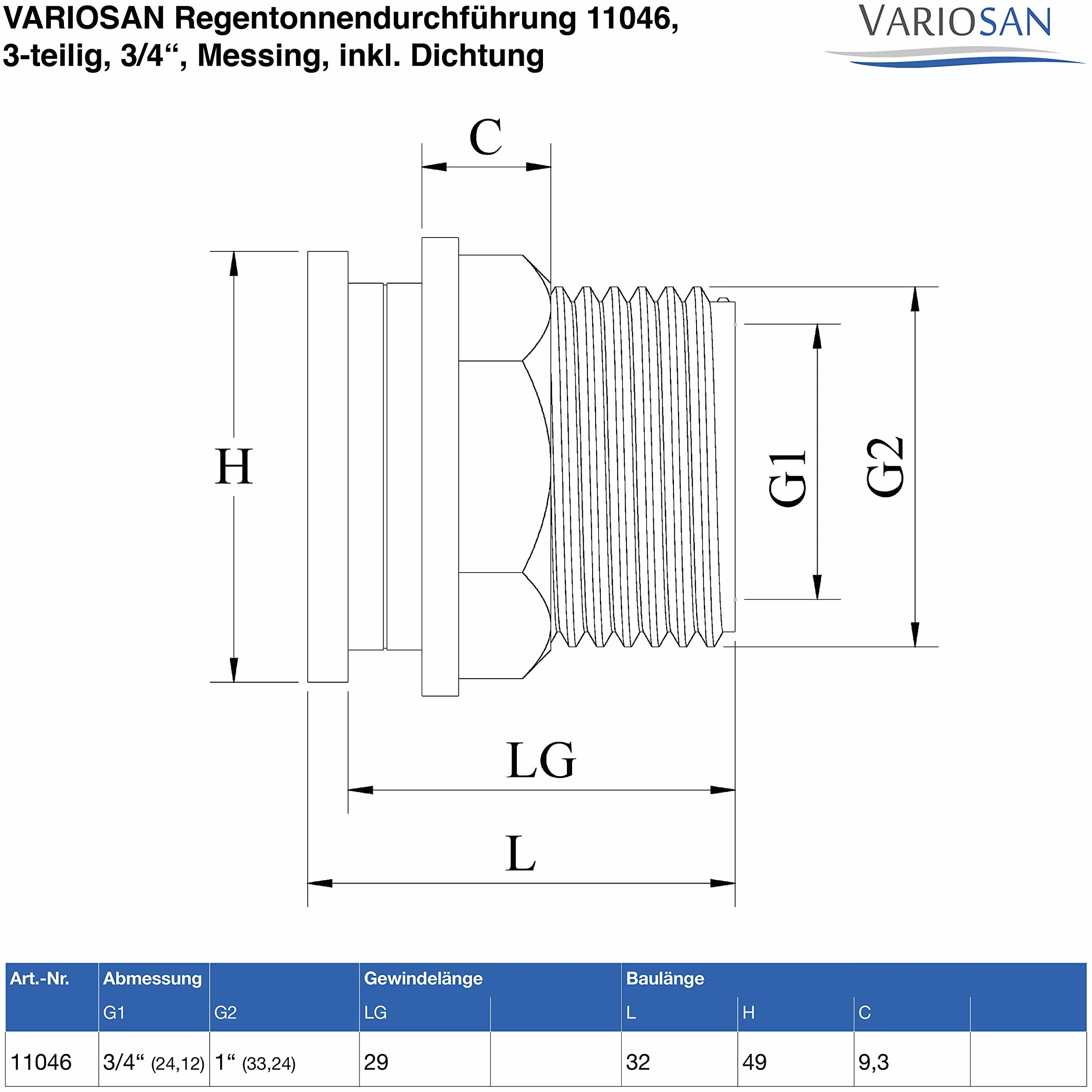 VARIOSAN Traversée de fût de Pluie Robinet de Sortie à Bille Ensemble 3/4" Laiton