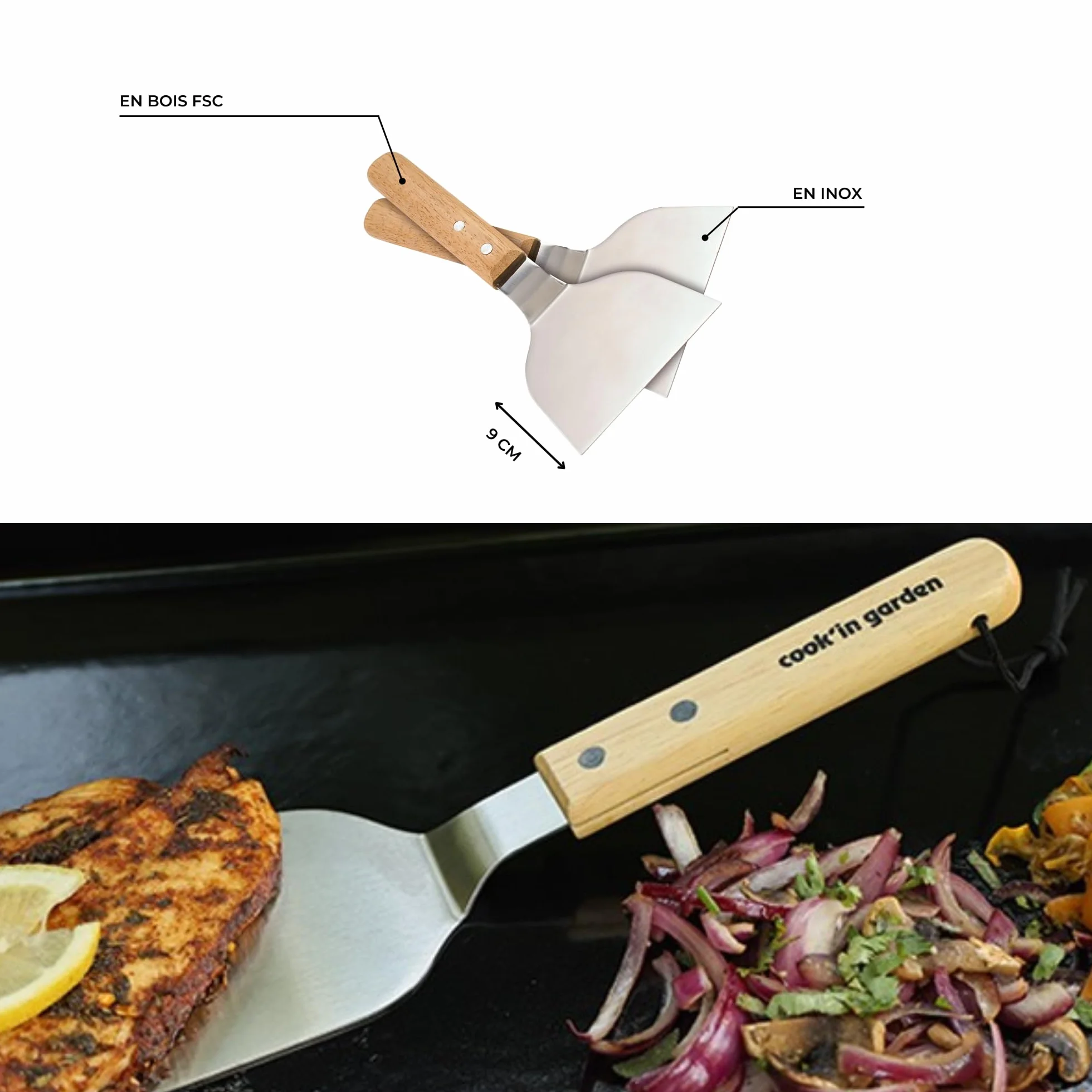 Set de 2 Spatules Plancha, Manche Bois FSC® 100% et Lame Inox, Accessoires Robustes pour Barbecue