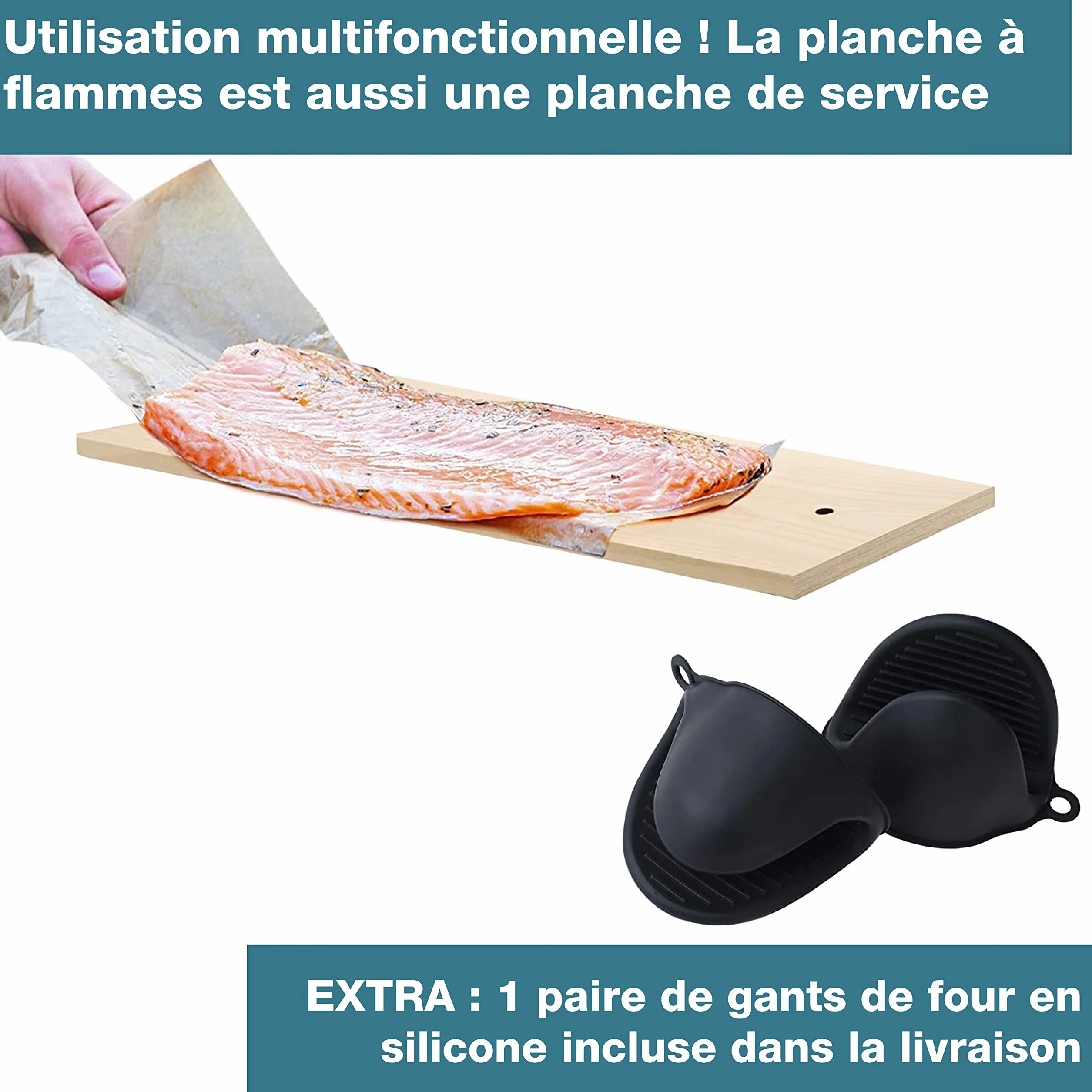 Planche à saumon ignifuge en bois de bouleau avec support en acier inoxydable inclinable et gants en silicone