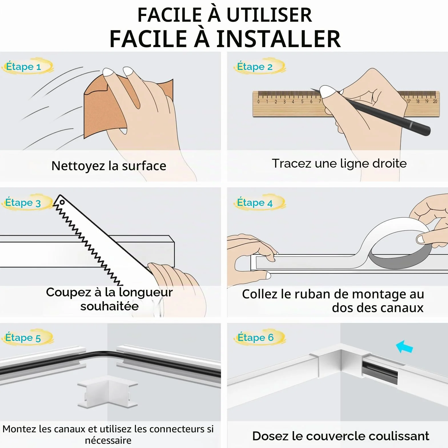 kinkaivy Goulotte Passe Câble, 4M Mini Goulotte électrique Autocollante, Pouvant être Peinte Goulotte pour Cacher Un Câble d'enceinte ou Un Câble TV–10x40CM(Longueurs), 15mm (Largeur), 10mm(Hauteur)
