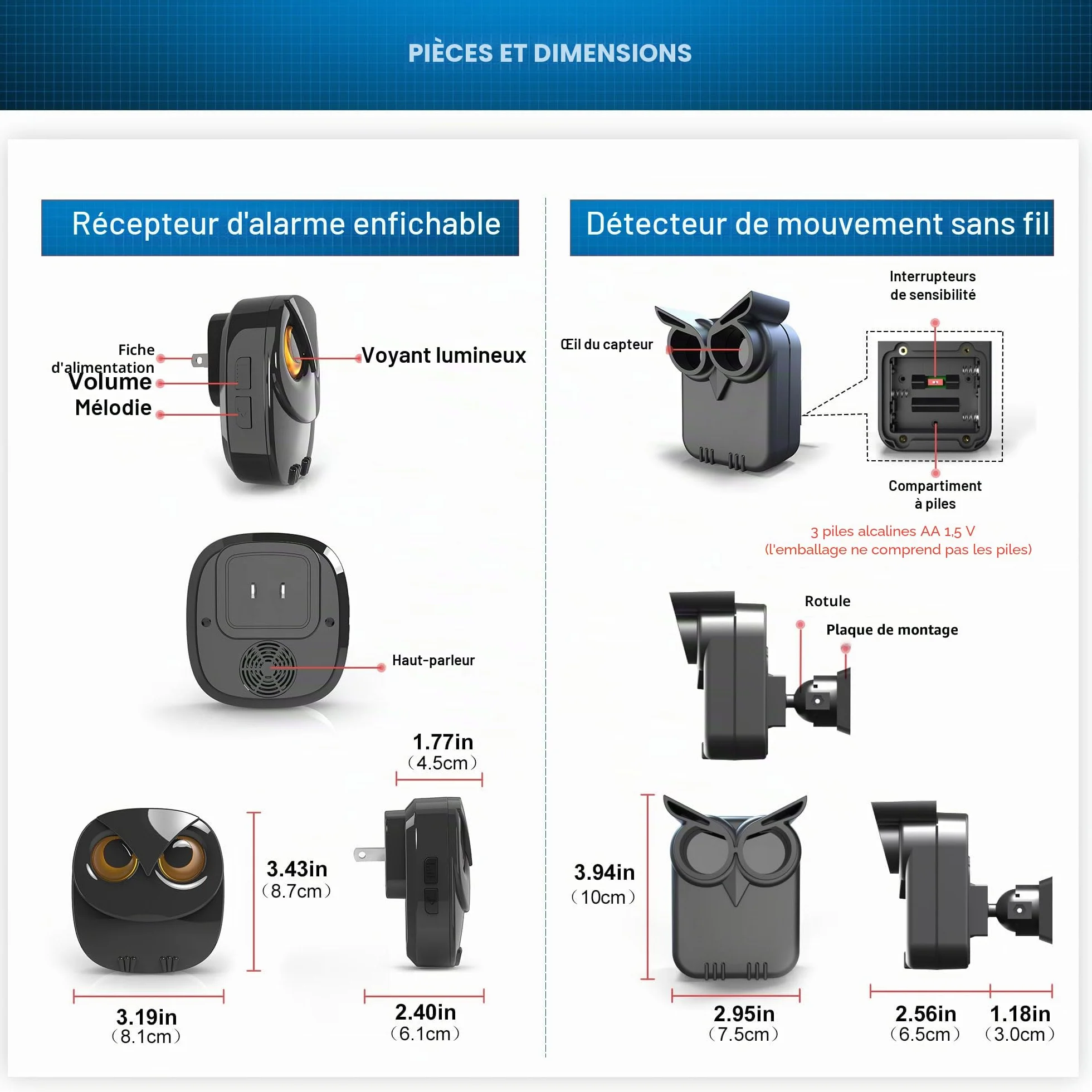 Alarme de sécurité d'allée sans fil à longue portée (800 m) - Détecteur de mouvement résistant aux intempéries - Surveillance et protection extérieures et intérieures - 1 récepteur et 2 détecteurs